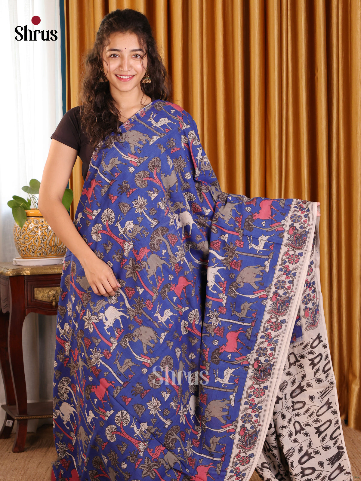Blue & Cream - kalamkari-cotton Saree - Shop on Shrus.com