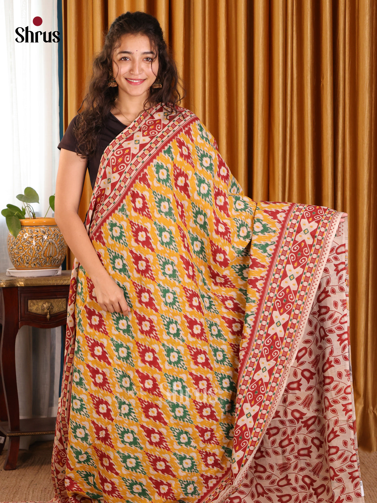 Mustard & Red- kalamkari-cotton Saree - Shop on Shrus.com