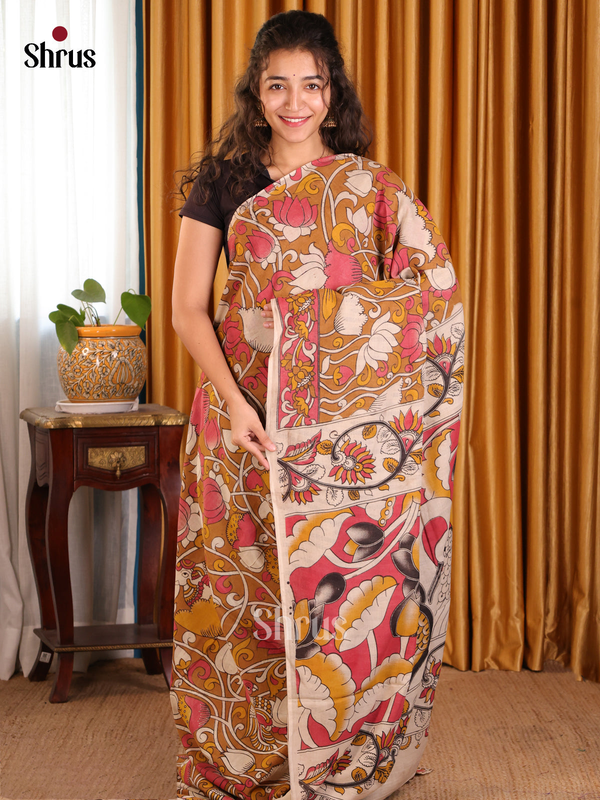 Mustard & Pink - kalamkari-cotton Saree - Shop on Shrus.com