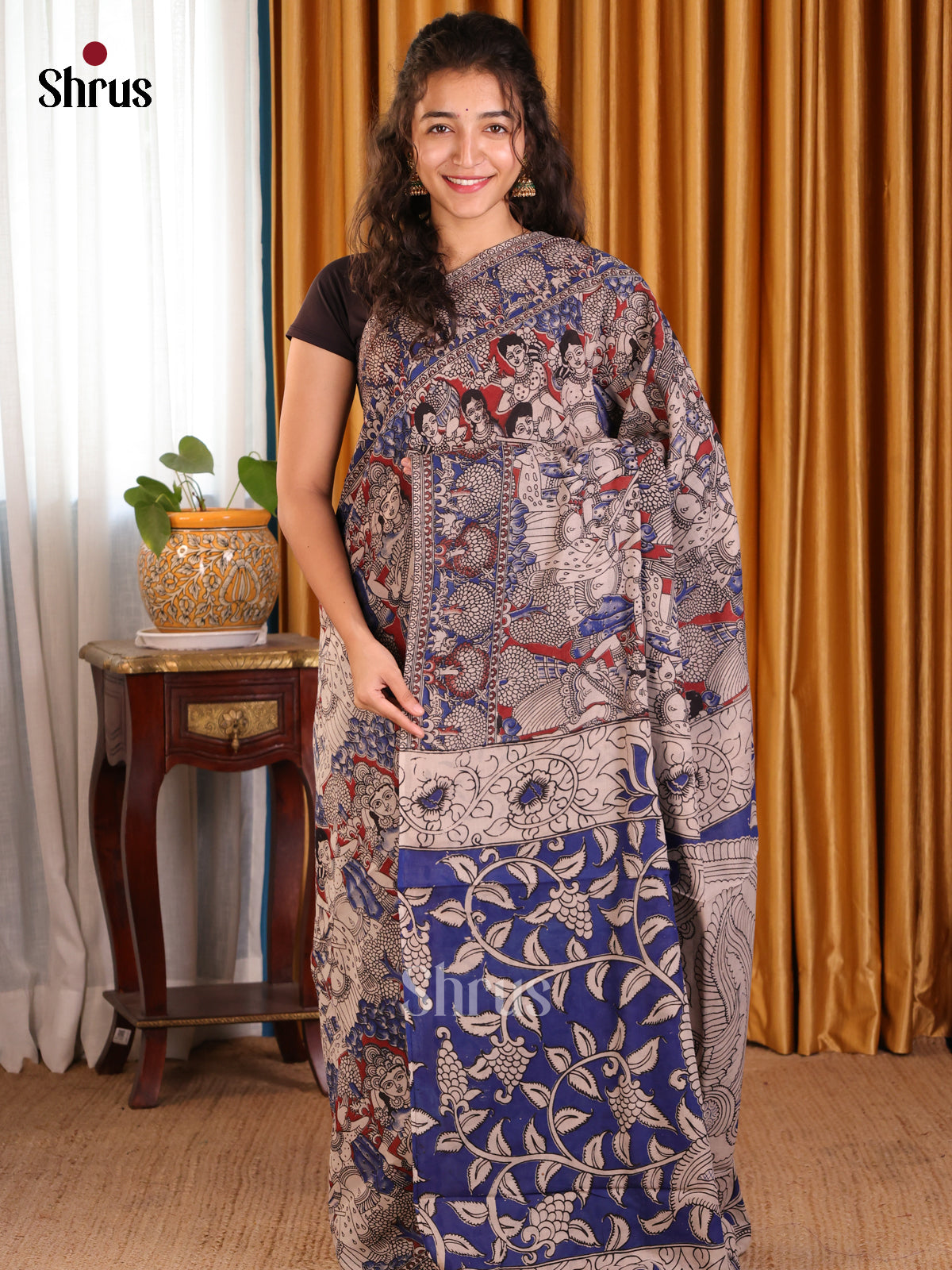 Red & Blue- kalamkari-cotton Saree - Shop on Shrus.com