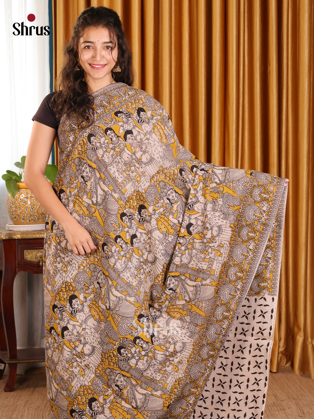 Mustard & Cream - kalamkari-cotton Saree - Shop on Shrus.com