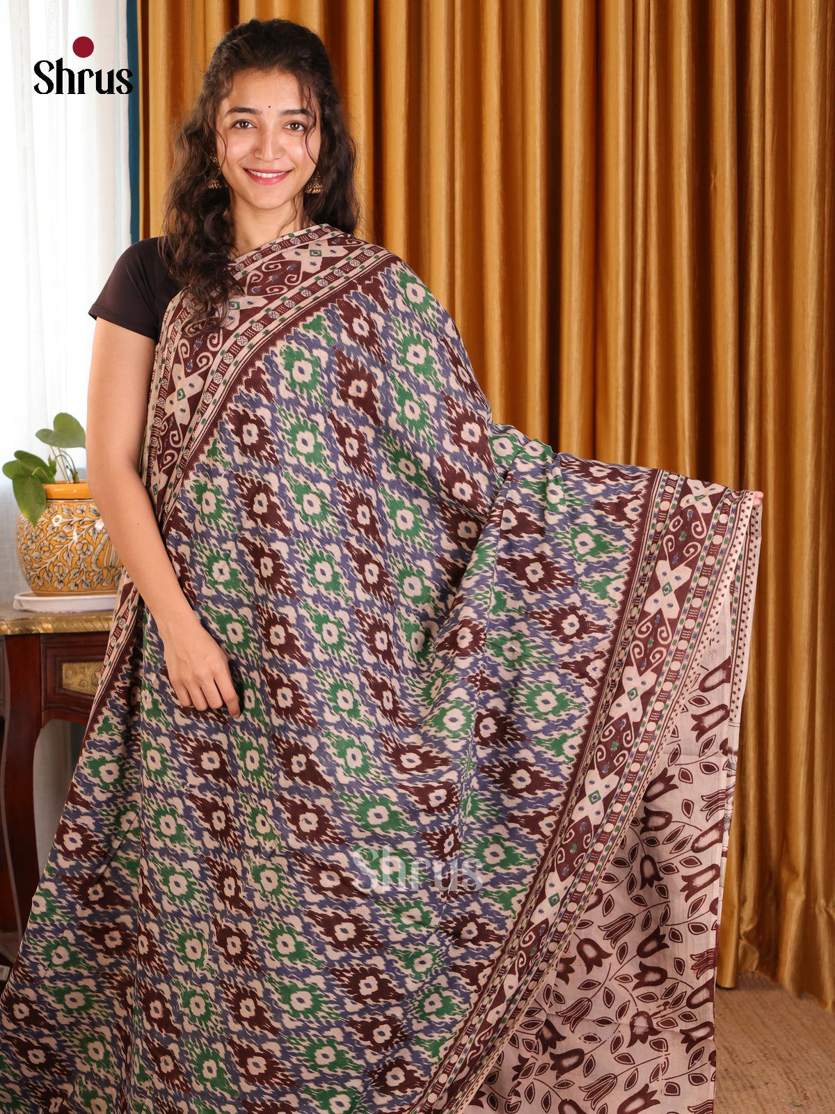 Blue & Brown - kalamkari-cotton Saree - Shop on Shrus.com