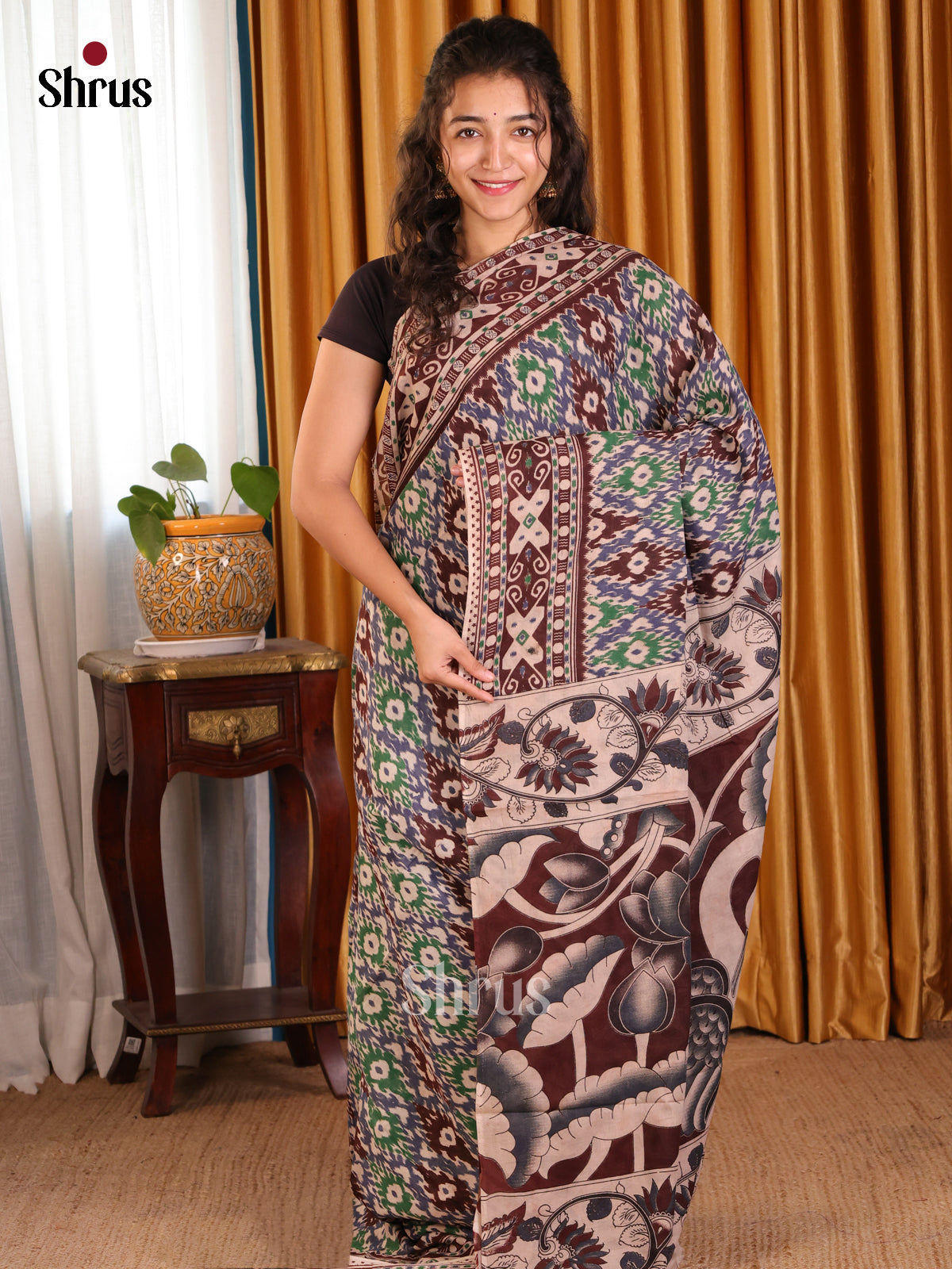 Blue & Brown - kalamkari-cotton Saree - Shop on Shrus.com