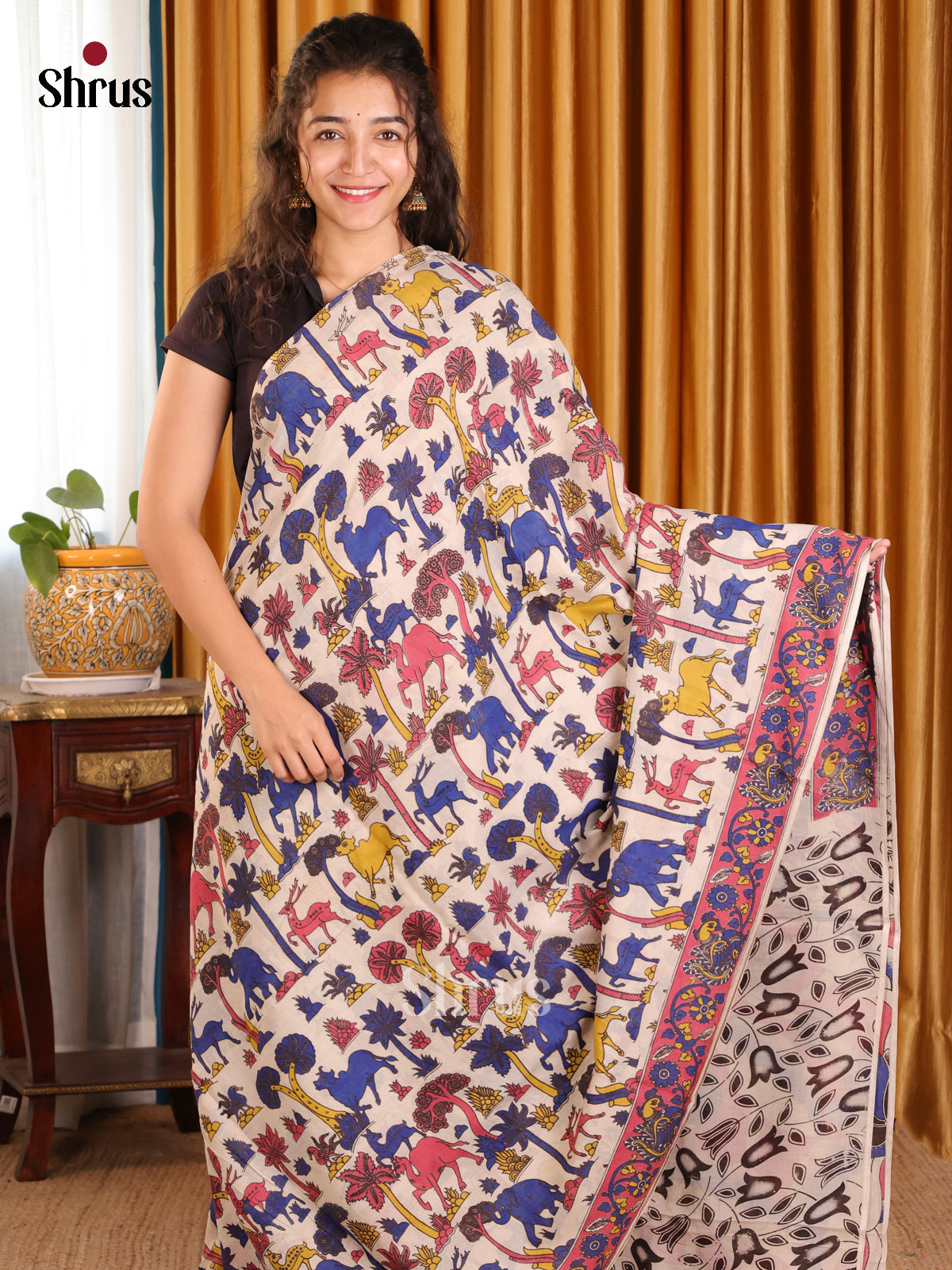 Cream & Blue - kalamkari-cotton Saree - Shop on Shrus.com