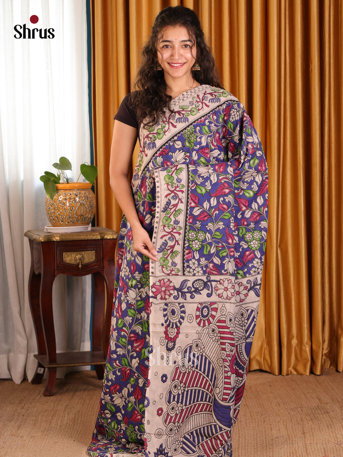 Blue & Cream- kalamkari-cotton Saree - Shop on Shrus.com