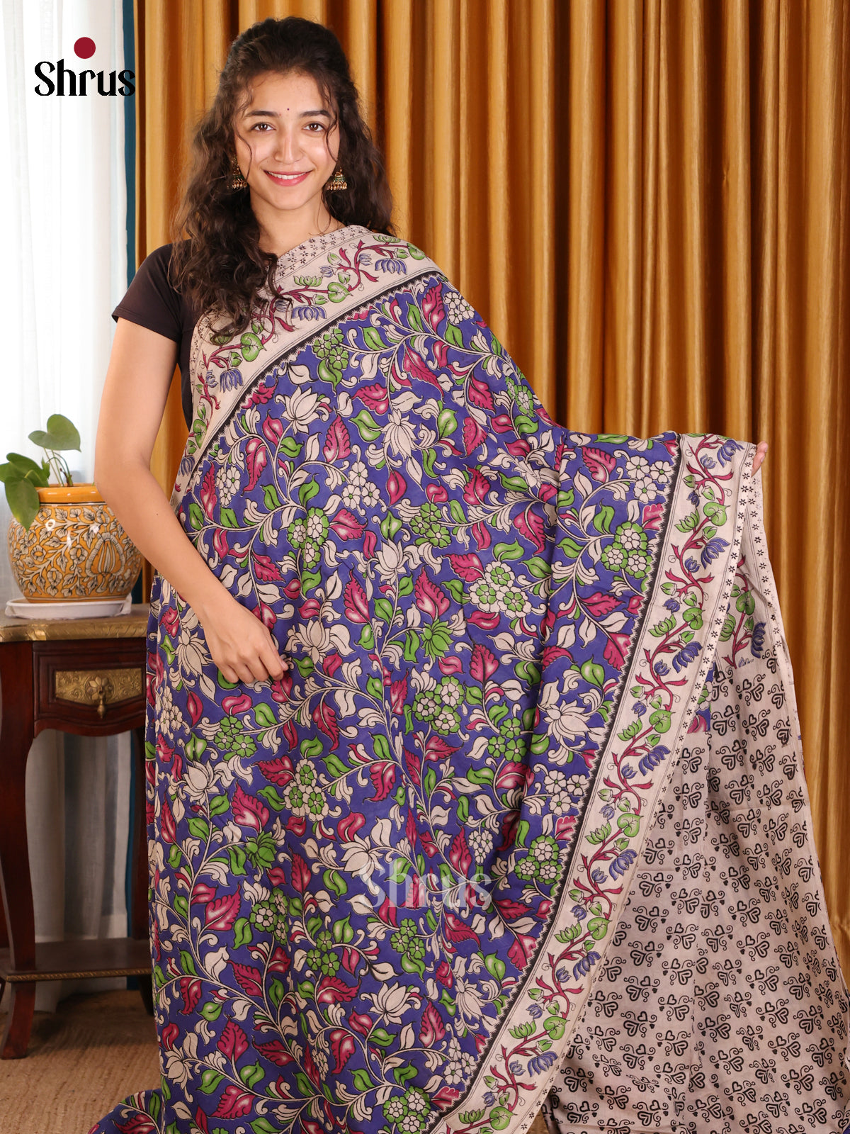 Blue & Cream- kalamkari-cotton Saree - Shop on Shrus.com