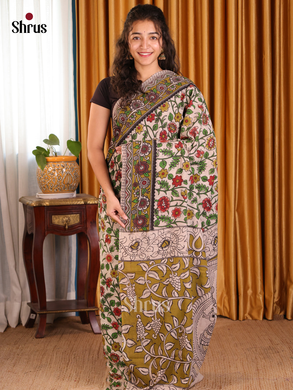 Cream & Green- kalamkari-cotton Saree - Shop on Shrus.com