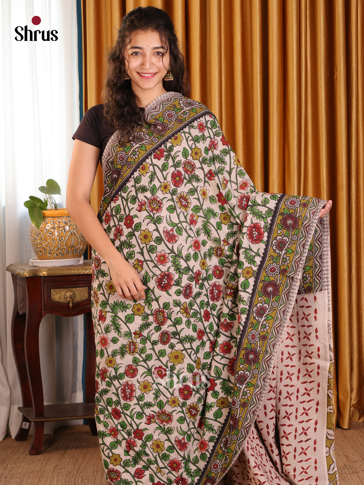 Cream & Green- kalamkari-cotton Saree - Shop on Shrus.com