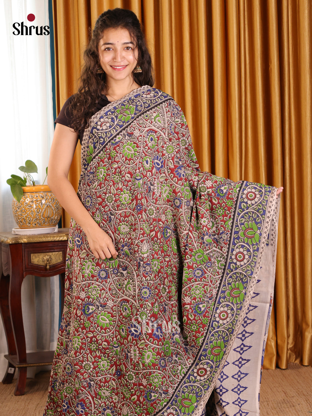 Maroon & Blue - kalamkari-cotton Saree - Shop on Shrus.com
