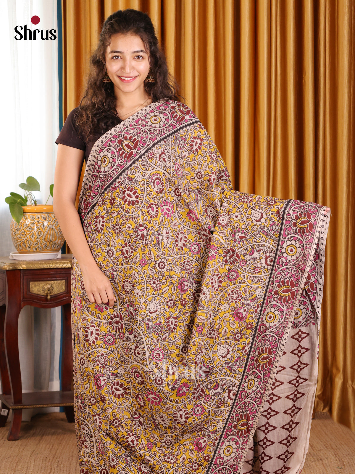 Mustard & Pink - kalamkari-cotton Saree - Shop on Shrus.com