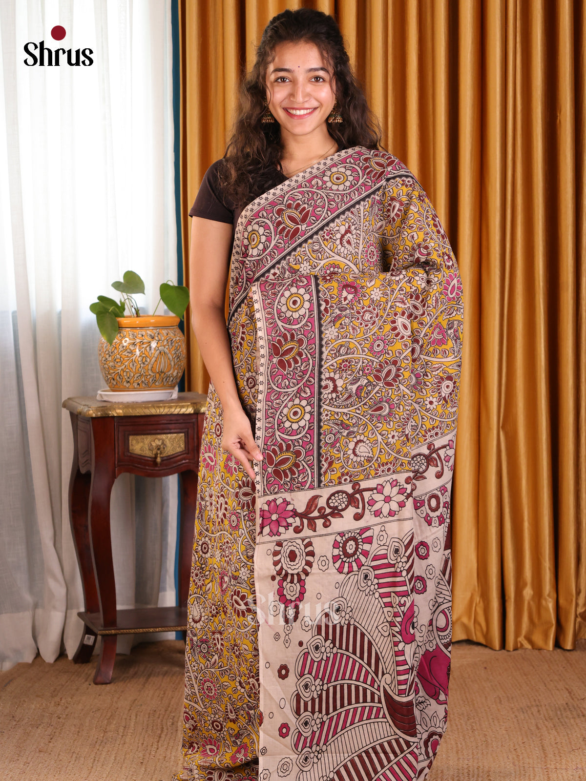 Mustard & Pink - kalamkari-cotton Saree - Shop on Shrus.com