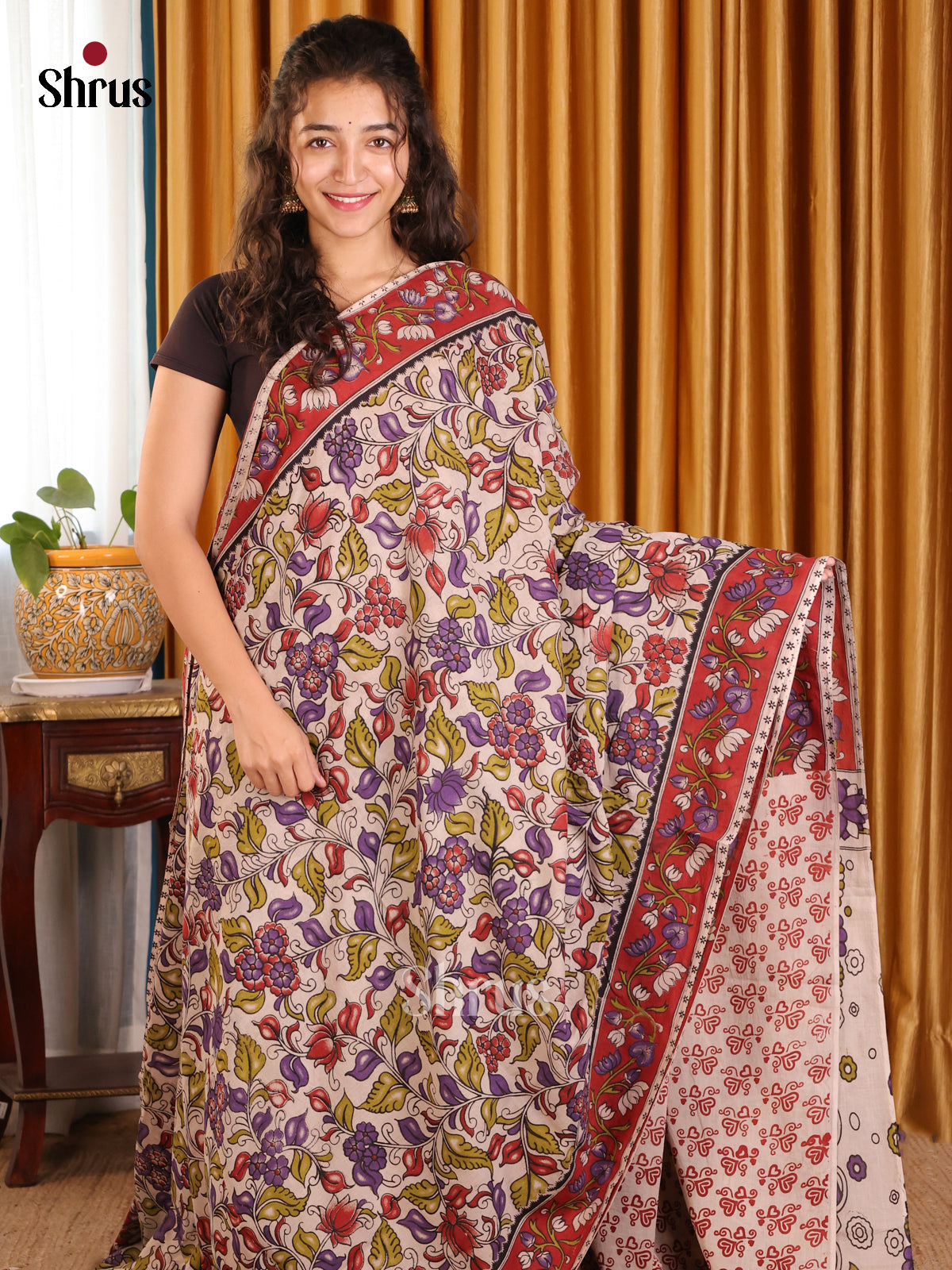 Cream with Purple - kalamkari-cotton Saree - Shop on Shrus.com