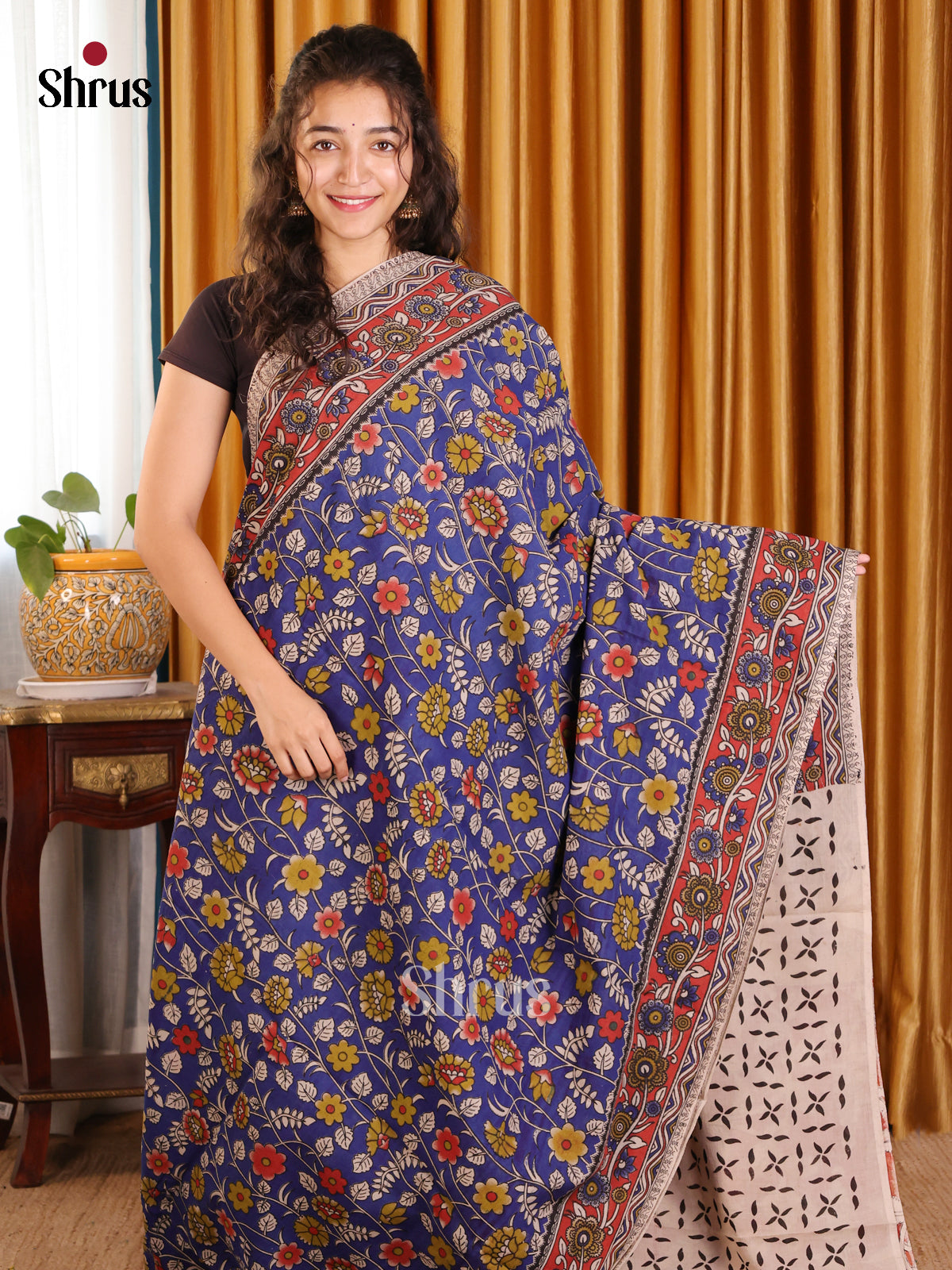 Blue & Red - kalamkari-cotton Saree - Shop on Shrus.com