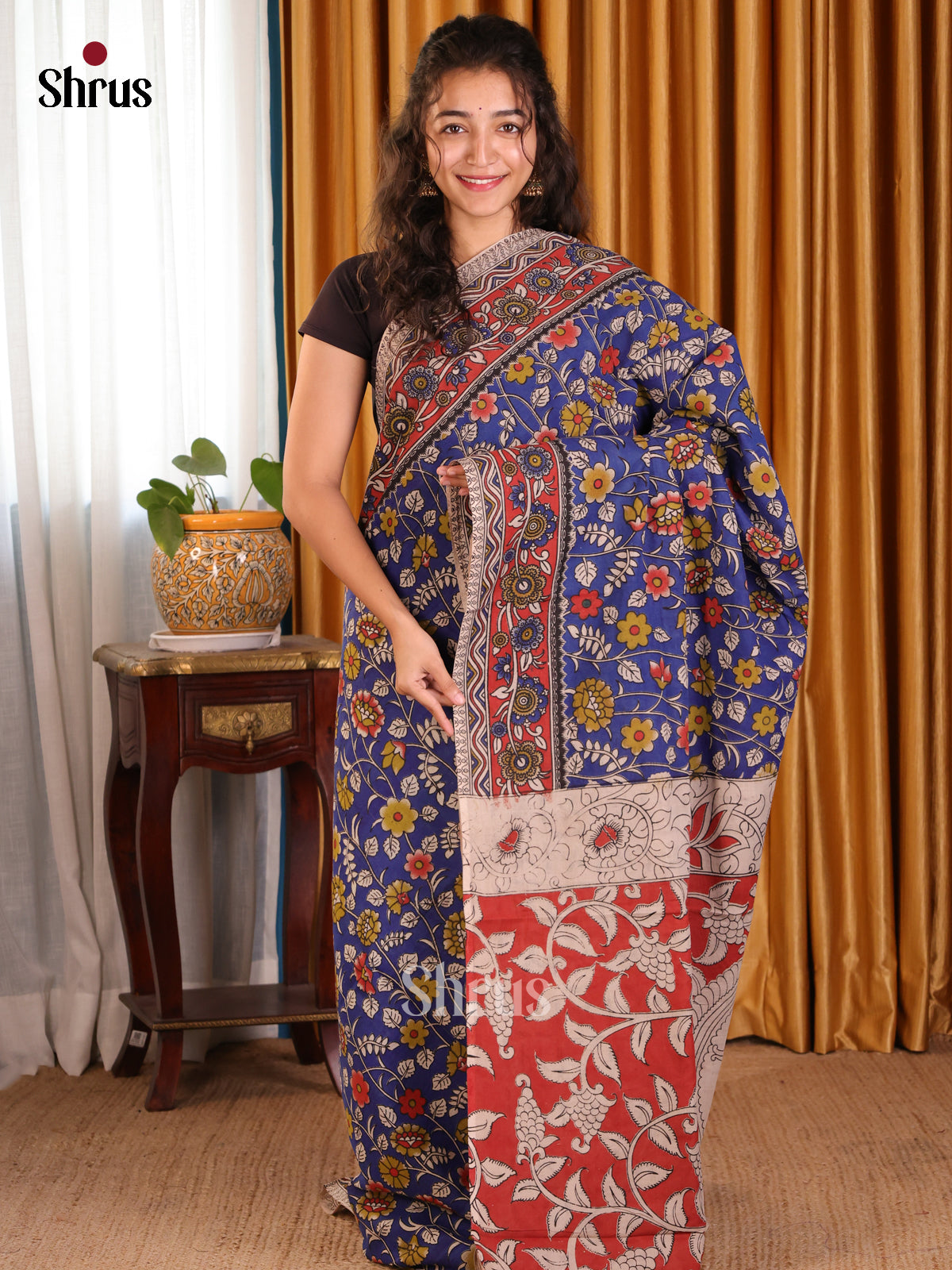 Blue & Red - kalamkari-cotton Saree - Shop on Shrus.com