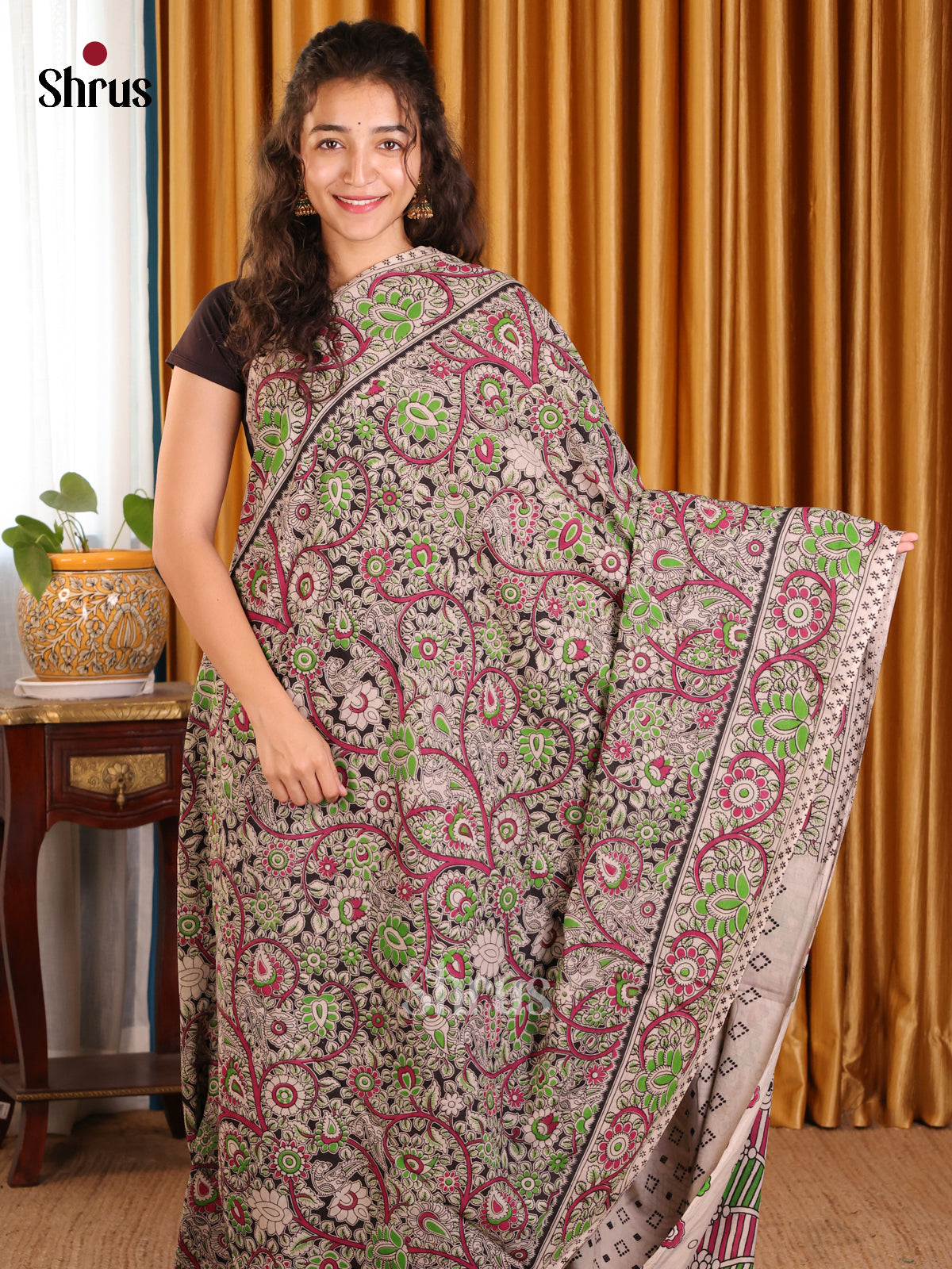 Maroon & Green- kalamkari-cotton Saree - Shop on Shrus.com