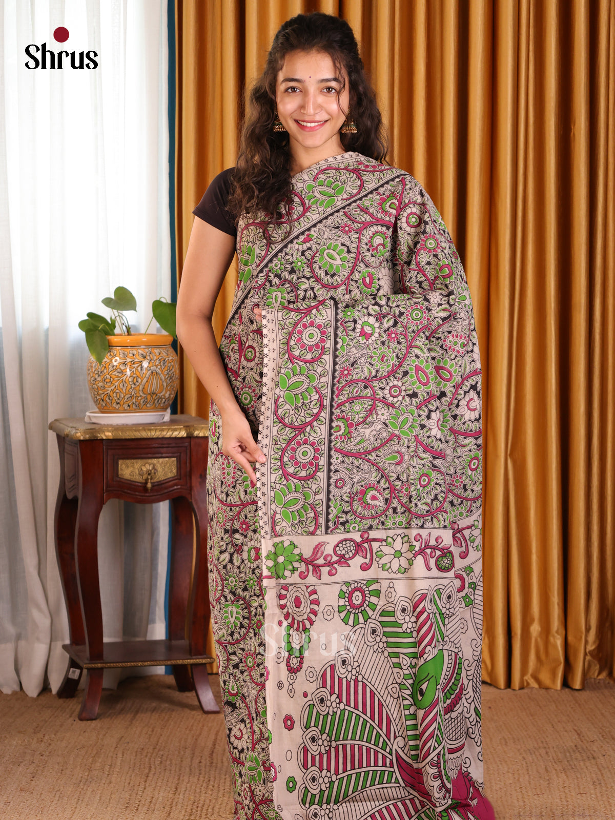 Maroon & Green- kalamkari-cotton Saree - Shop on Shrus.com