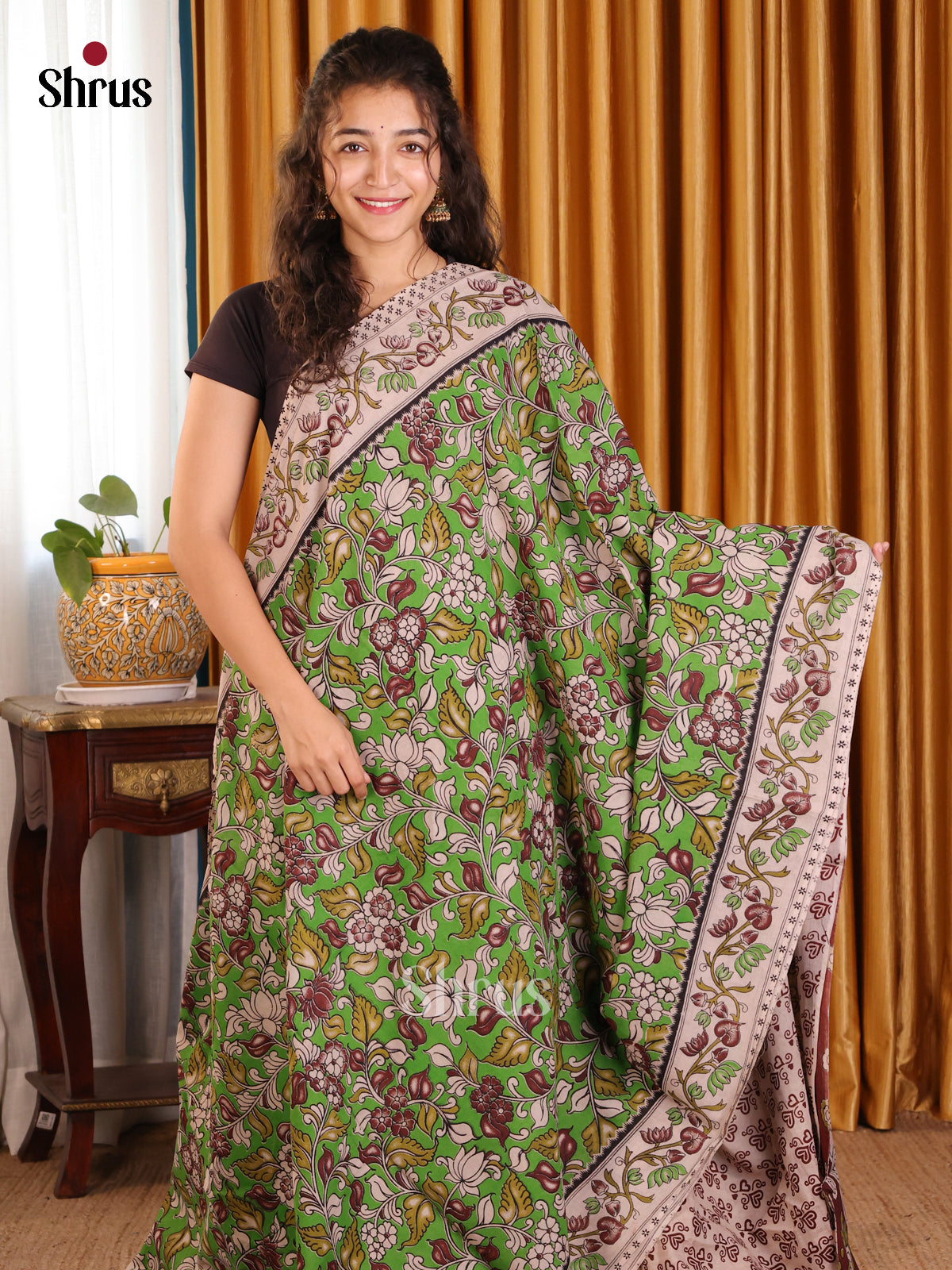 Green with Brown - kalamkari-cotton Saree - Shop on Shrus.com