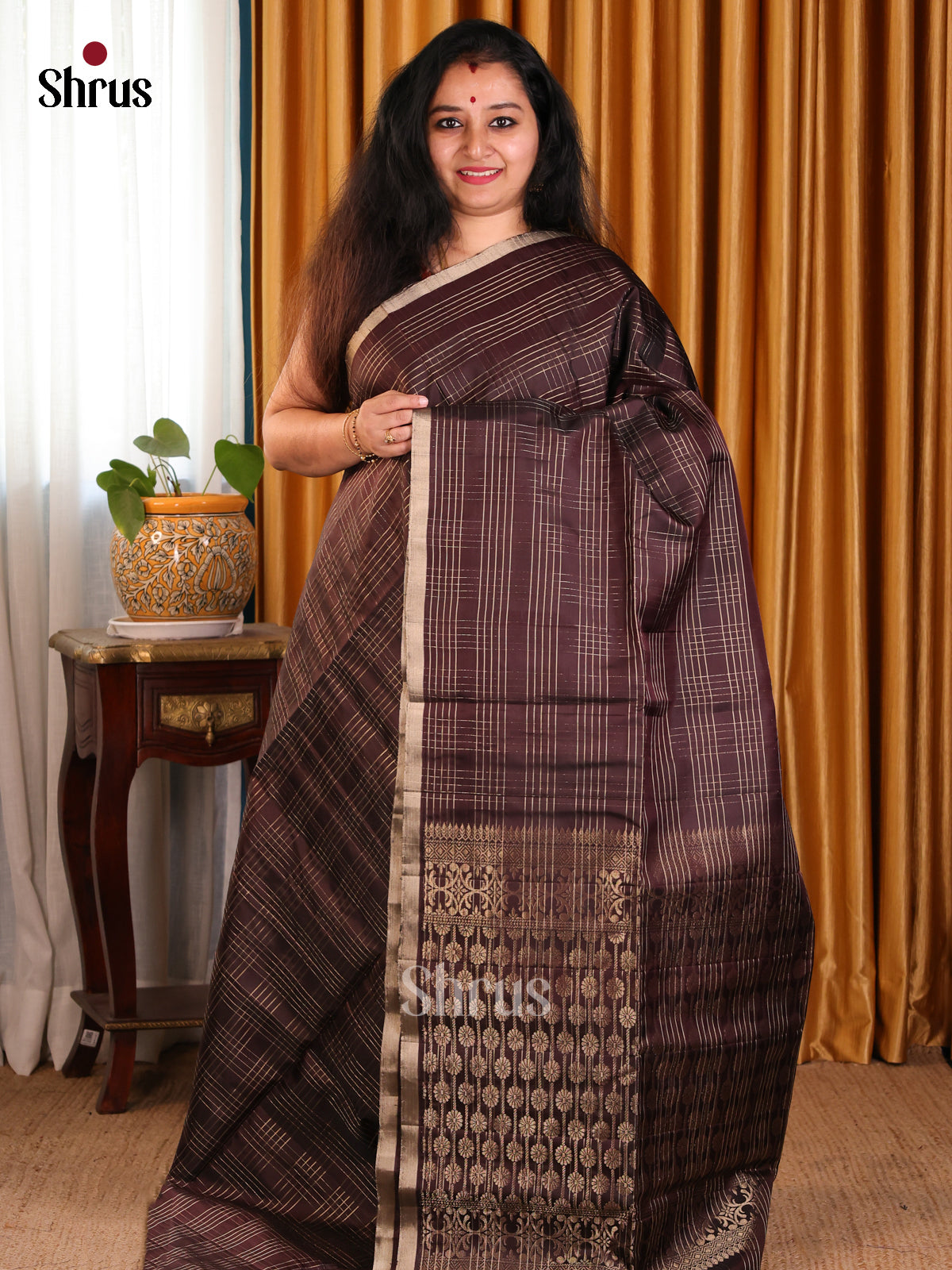 Classic Brown Monochrome Soft silk Saree with gold zari vaira oosi checks & brocade Pallu-1