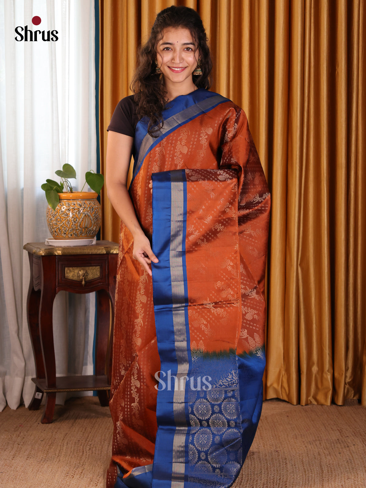 Bright Rust Soft silk Saree with zari woven floral vines brocade & Contrast Blue border-1