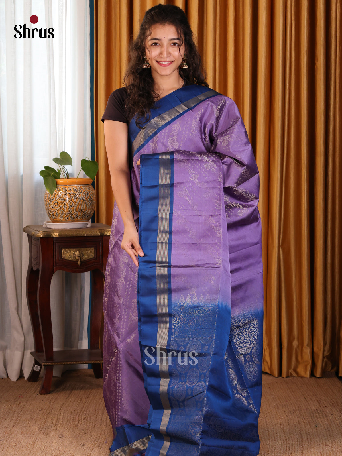 Charming Lavender Soft silk Saree with gold floral vines brocade & blue border-1