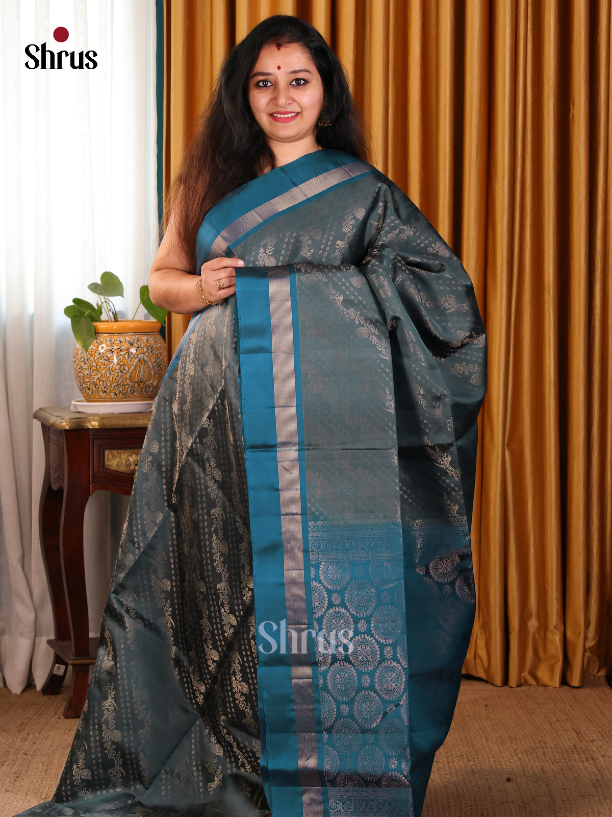 Gorgeous Dark Green Soft silk Saree with floral vines brocade & contrast Blue zari pallu-1
