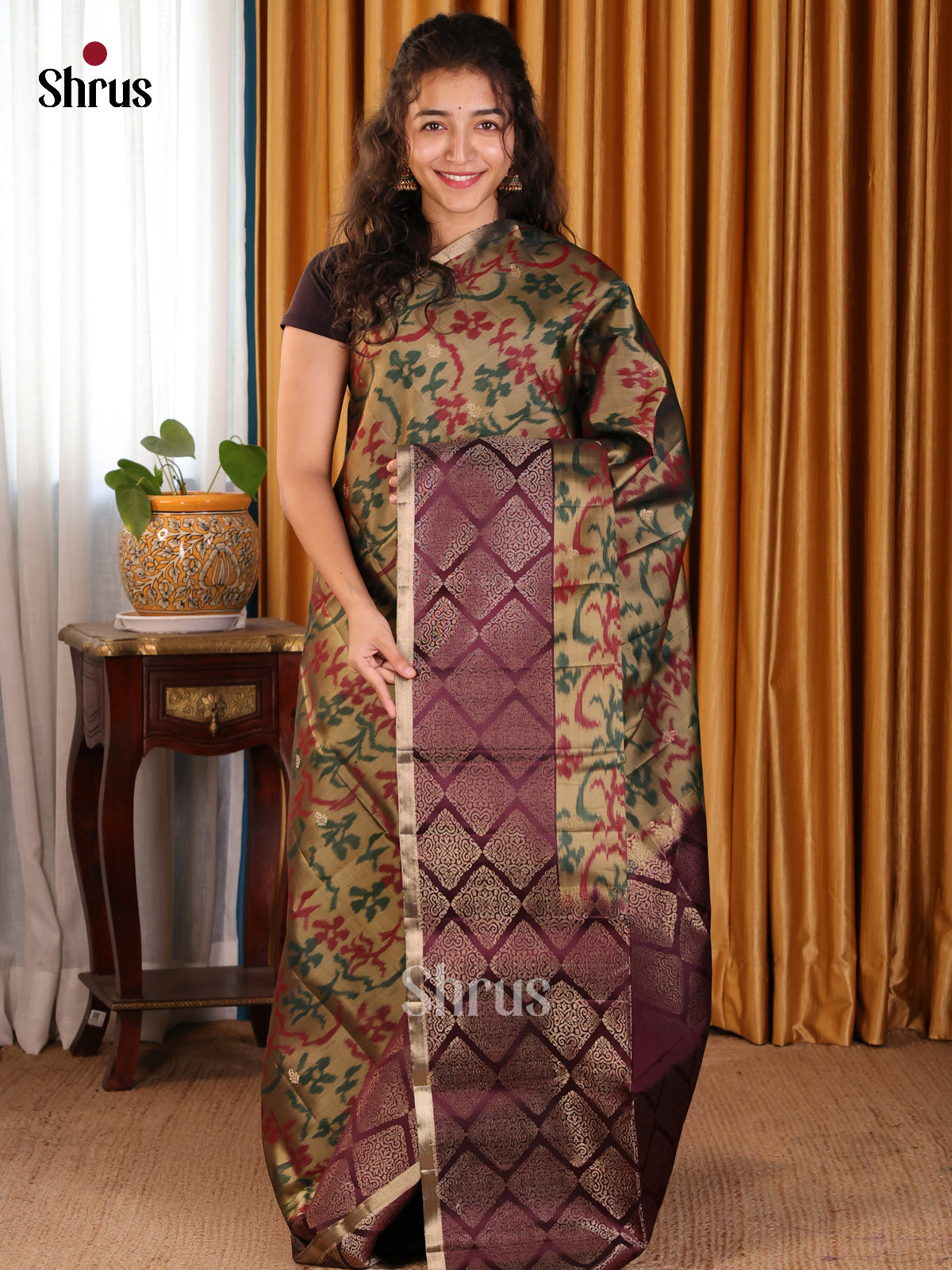 Shimmery Gold Soft silk Saree with pochampally floral nestling & maroon zari border-1