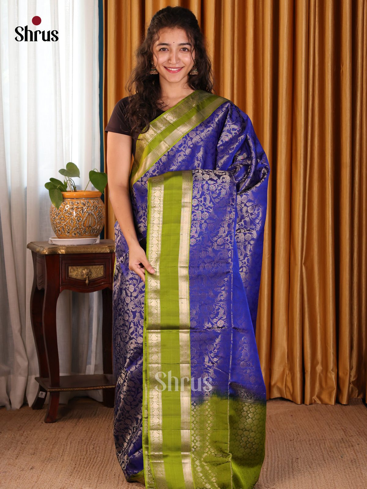 Vibrant Blue Soft silk Saree with gold floral nesting brocade & Green rettaipet border - Shop on Shrus.com