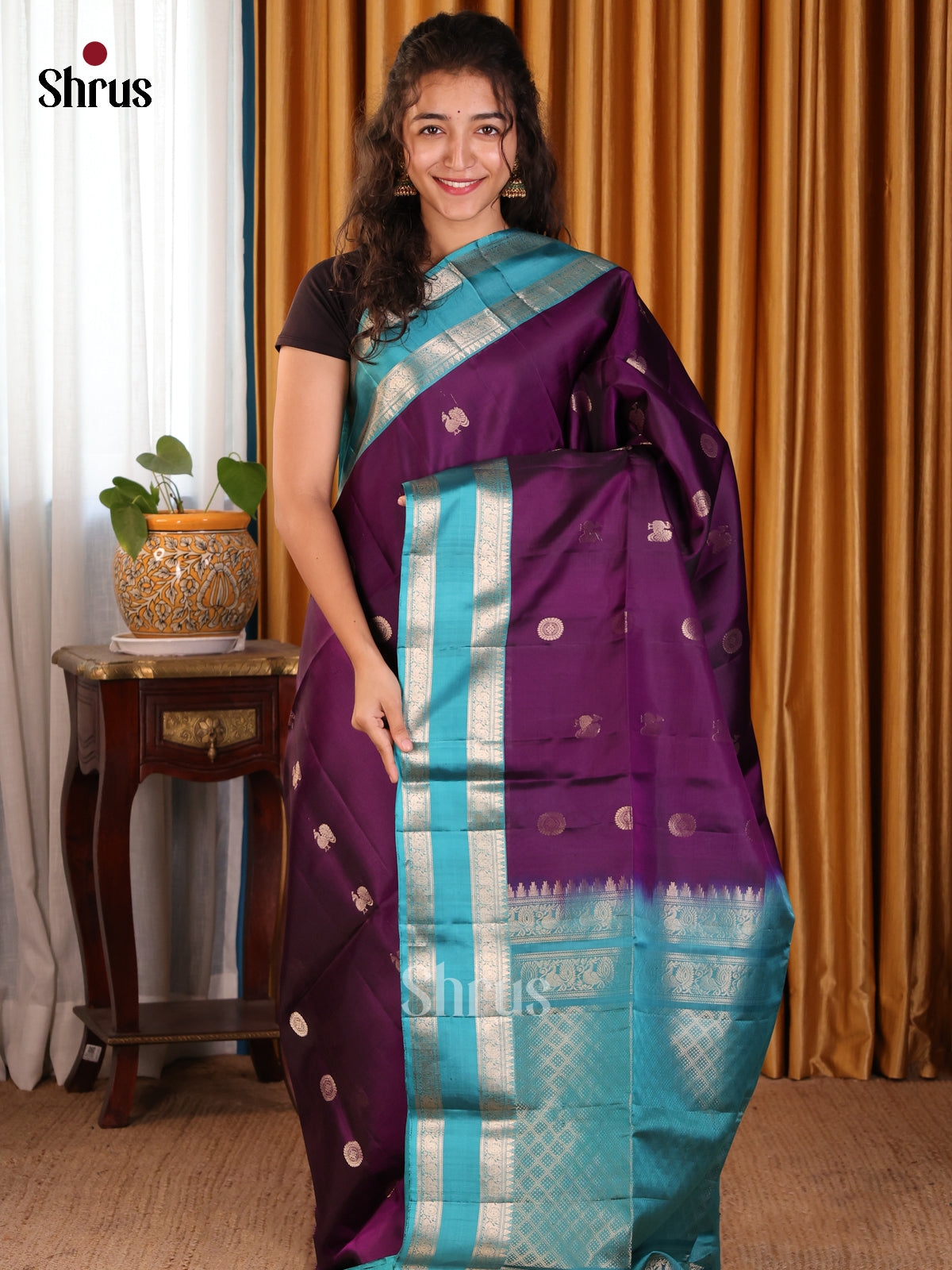 Radiant Violet Soft silk Saree with gold zari peacock,chakra buttas & rettaipet border - Shop on Shrus.com