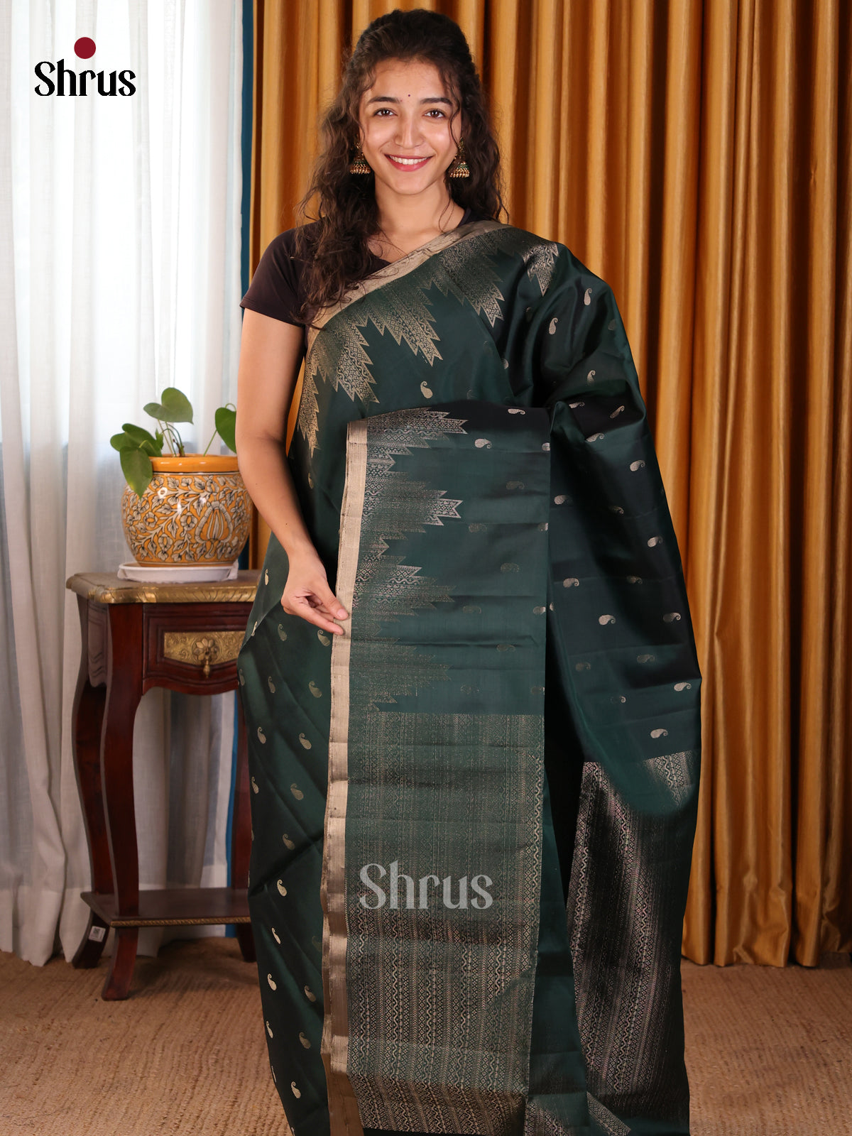 Classy Bottle Green monochrome Soft silk Saree with zari buttas & temple border - Shop on Shrus.com