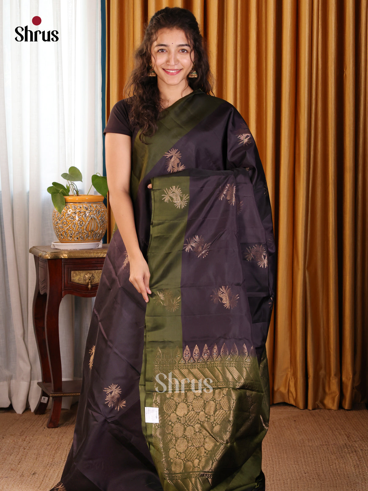Beautiful Brown & Green Softsilk-halfpure Saree with gold zari floral buttas,brocade Pallu - Shop on Shrus.com
