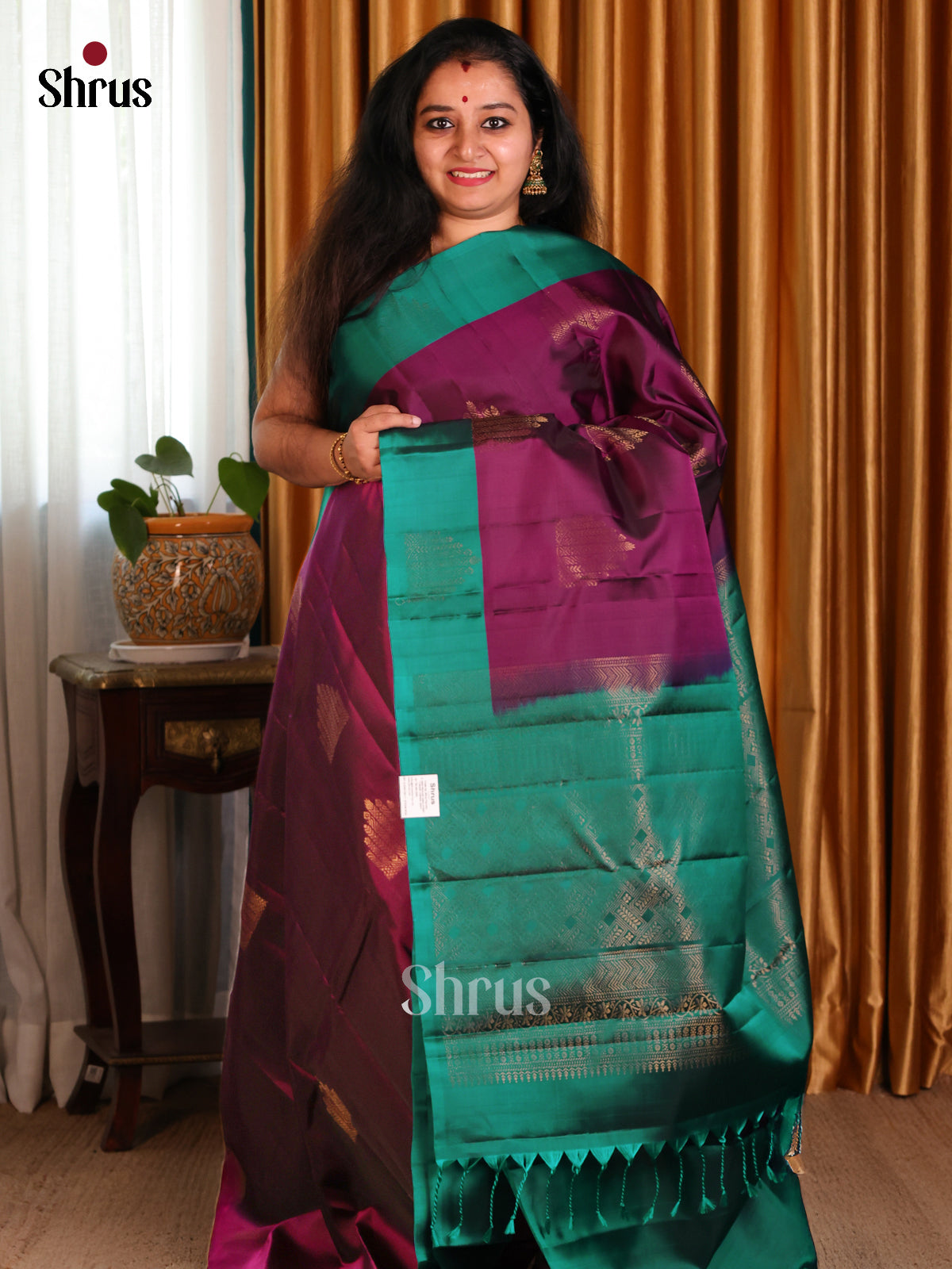 Elegant Purple Softsilk-halfpure Saree with gold zari woven geometric motifs - Shop on Shrus.com