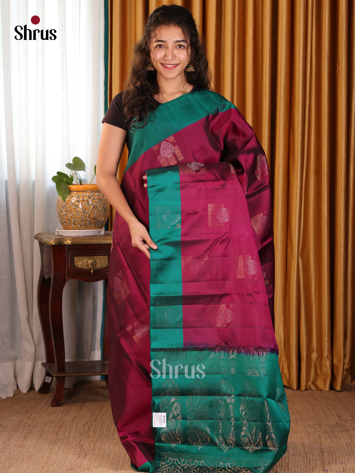 Maroon & Green Softsilk-halfpure Saree with gold, silver zari motifs & plain equal border - Shop on Shrus.com