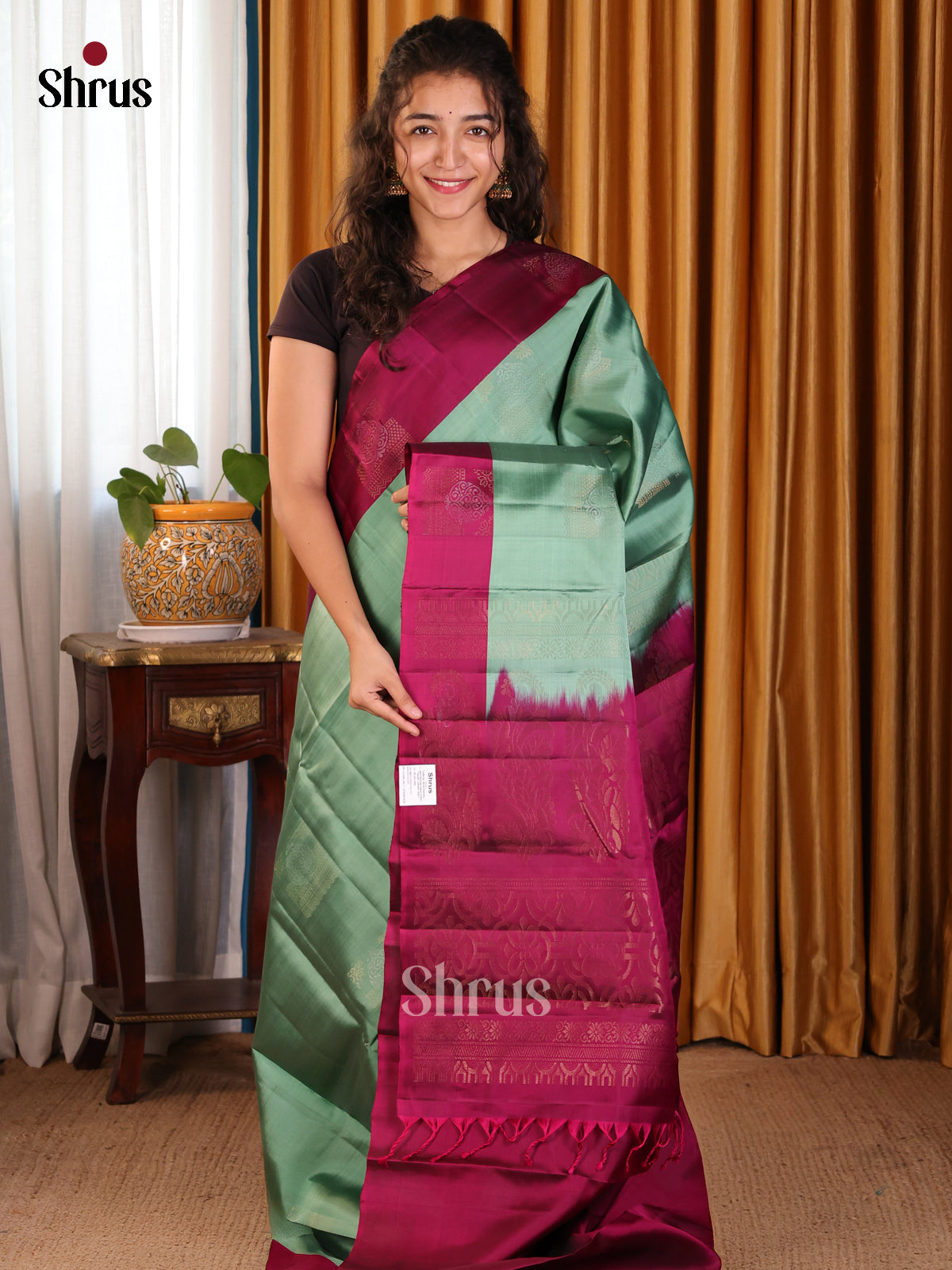 Serene Pastel Green Softsilk-halfpure Saree with golden motifs & Maroon Brocade pallu - Shop on Shrus.com