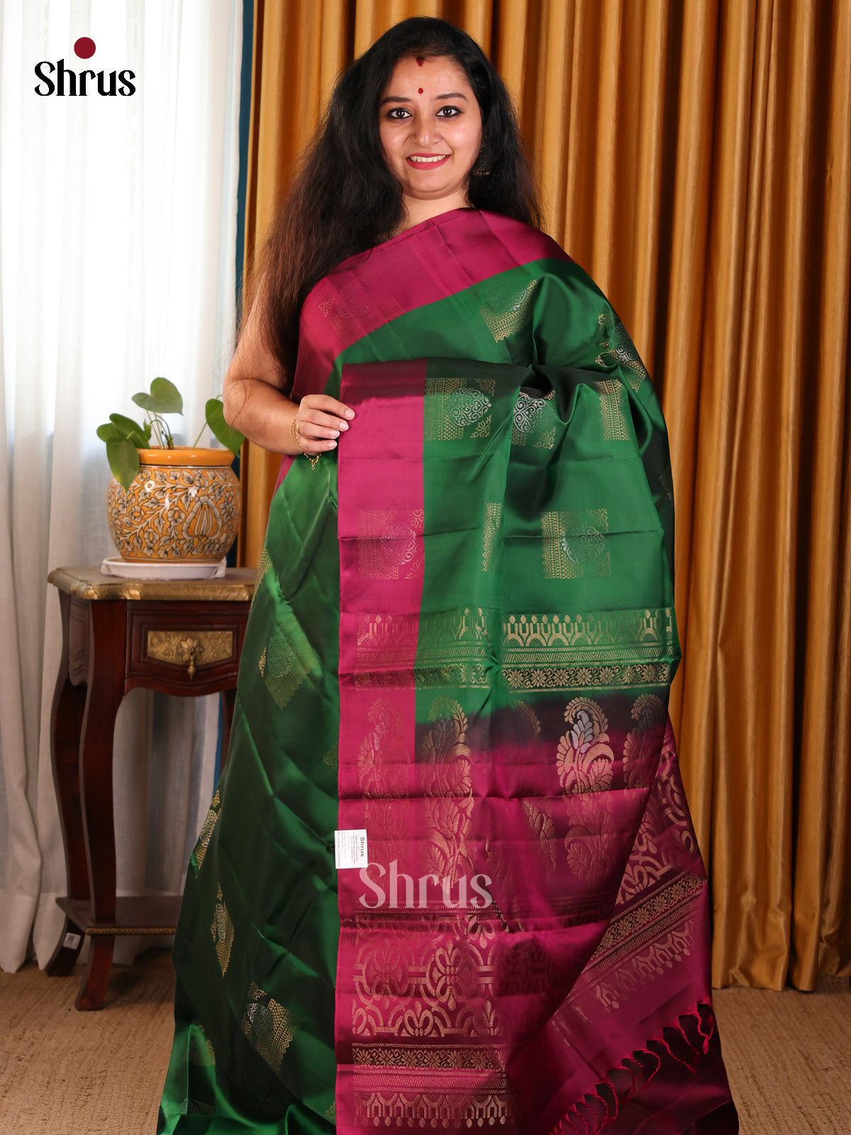 Chic Green Softsilk-halfpure Saree with gold, silver zari block motifs & brocade pallu - Shop on Shrus.com