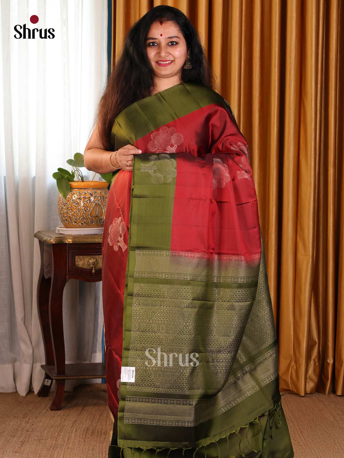Bright Red Softsilk-halfpure Saree with zari woven tree motifs & Mehandi green pallu - Shop on Shrus.com
