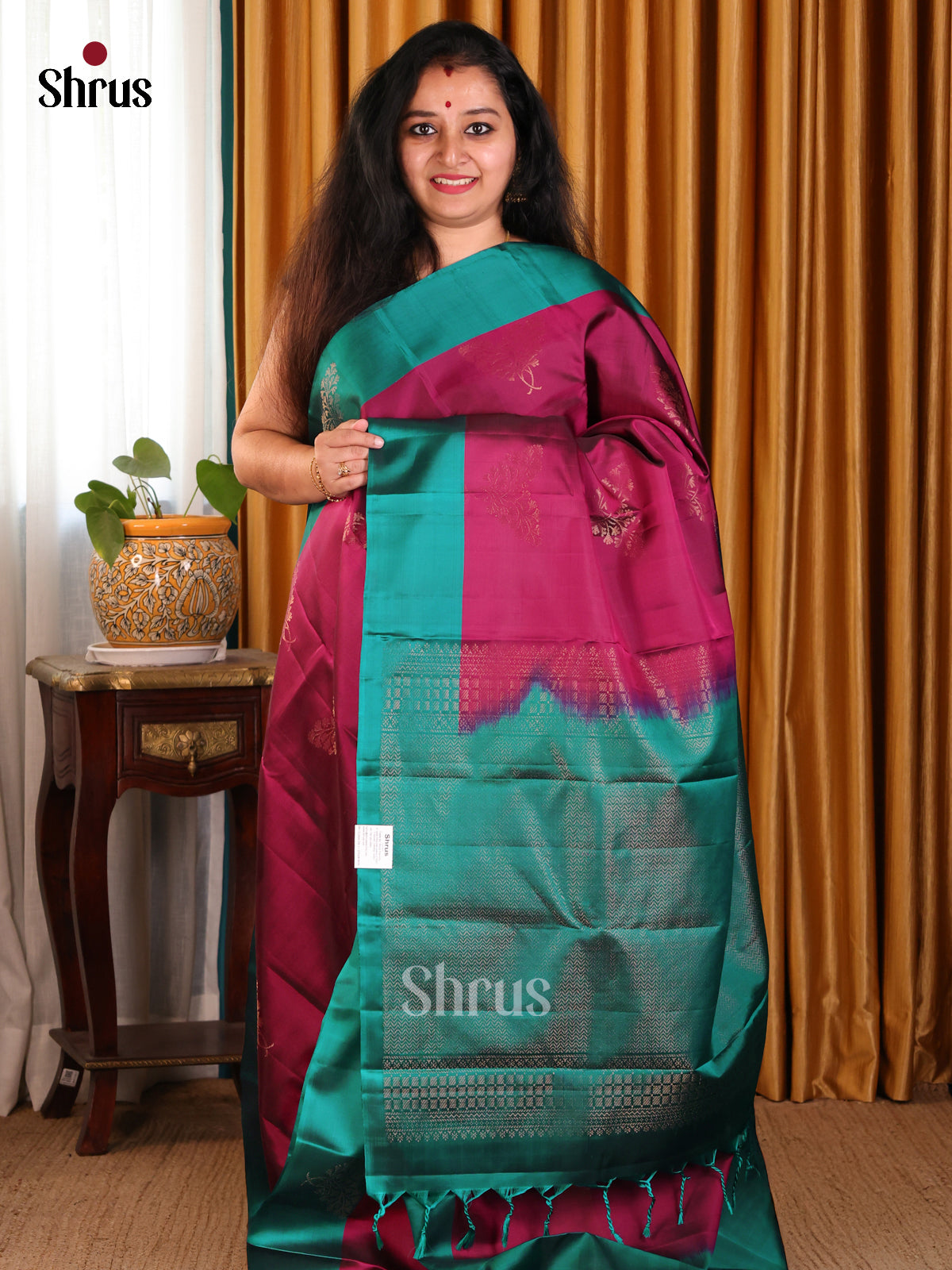 Elegant Maroon Softsilk-halfpure Saree with gold zari floral motifs ,wavy brocade pallu - Shop on Shrus.com