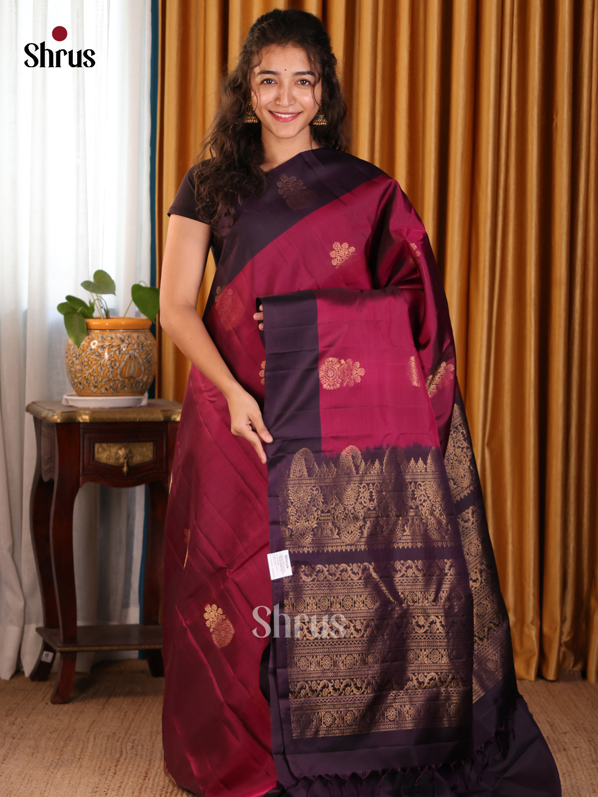 Exquiste Maroon Softsilk-halfpure Saree with golden floral motis , brown brocade pallu - Shop on Shrus.com