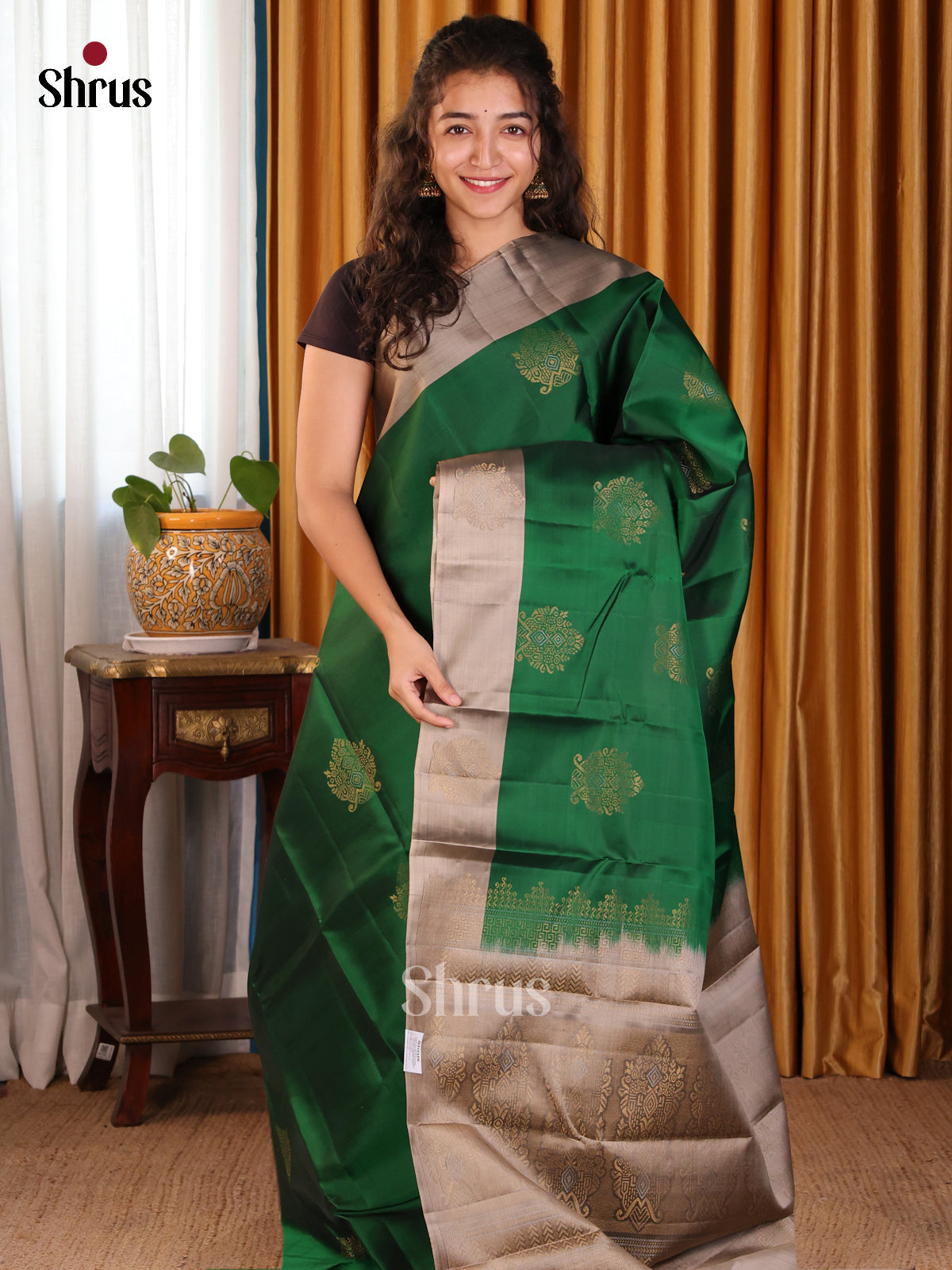 Regal Green & Grey Softsilk-halfpure Saree with gold zari floral motifs - Shop on Shrus.com