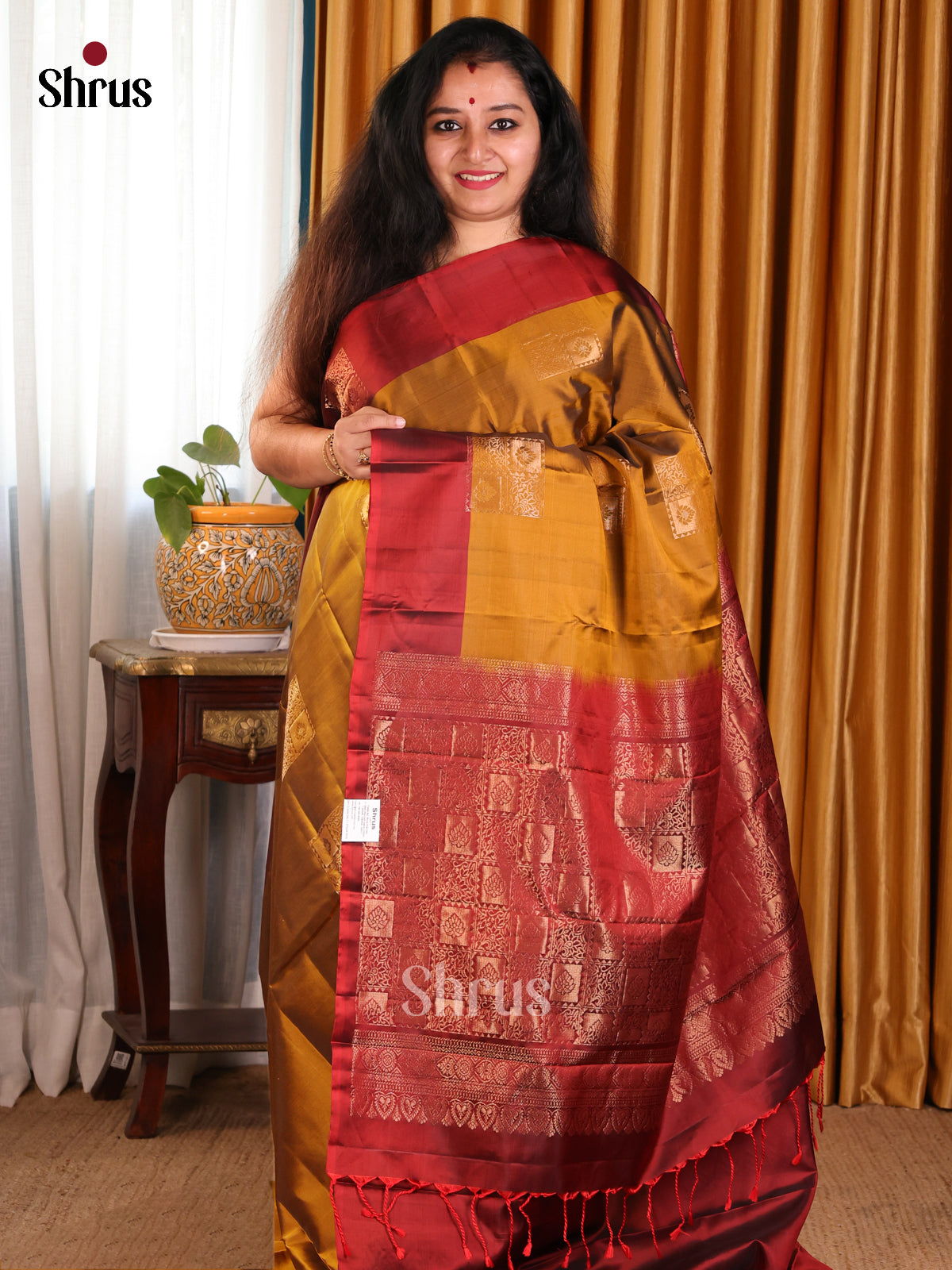 Luminous Mustard Softsilk-halfpure Saree zari floral block motifs & brocade pallu - Shop on Shrus.com