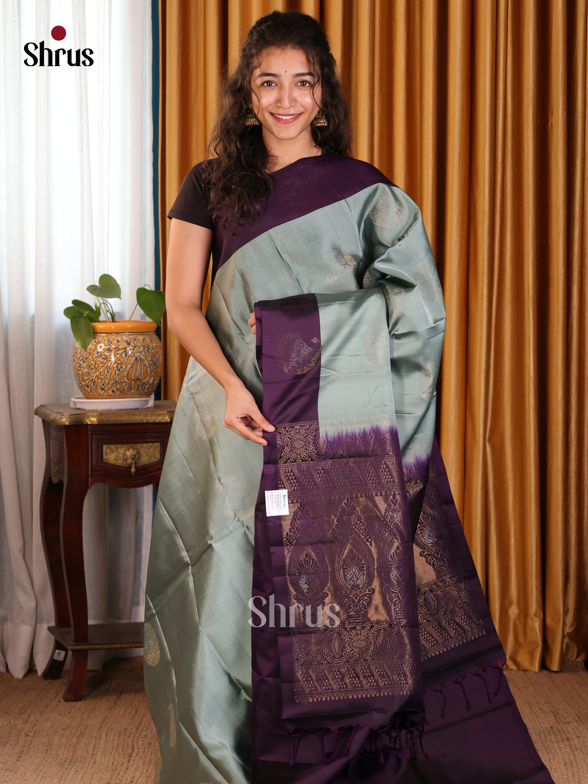 Elegant Pastel Green Softsilk-halfpure Saree with gold, silver zari chakra floral motifs - Shop on Shrus.com