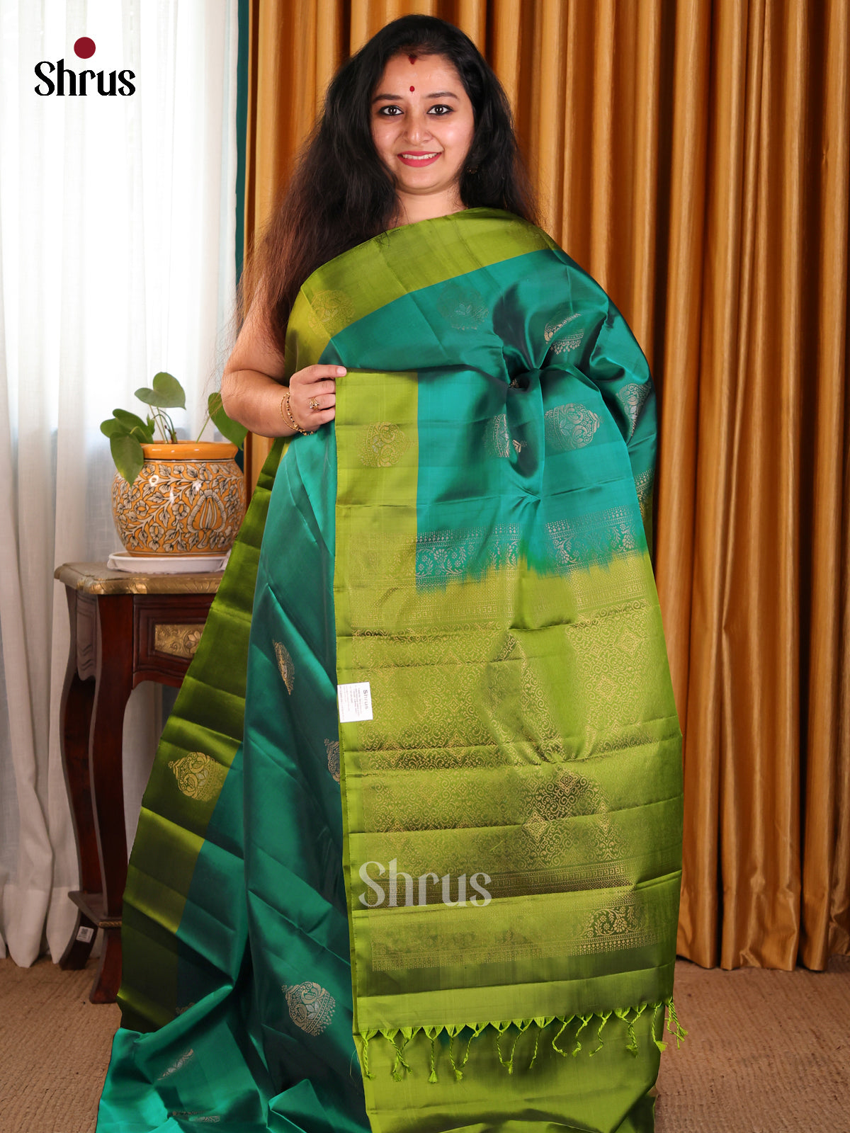Ethereal Green Softsilk-halfpure Saree with golden floral motifs & brocade pallu - Shop on Shrus.com