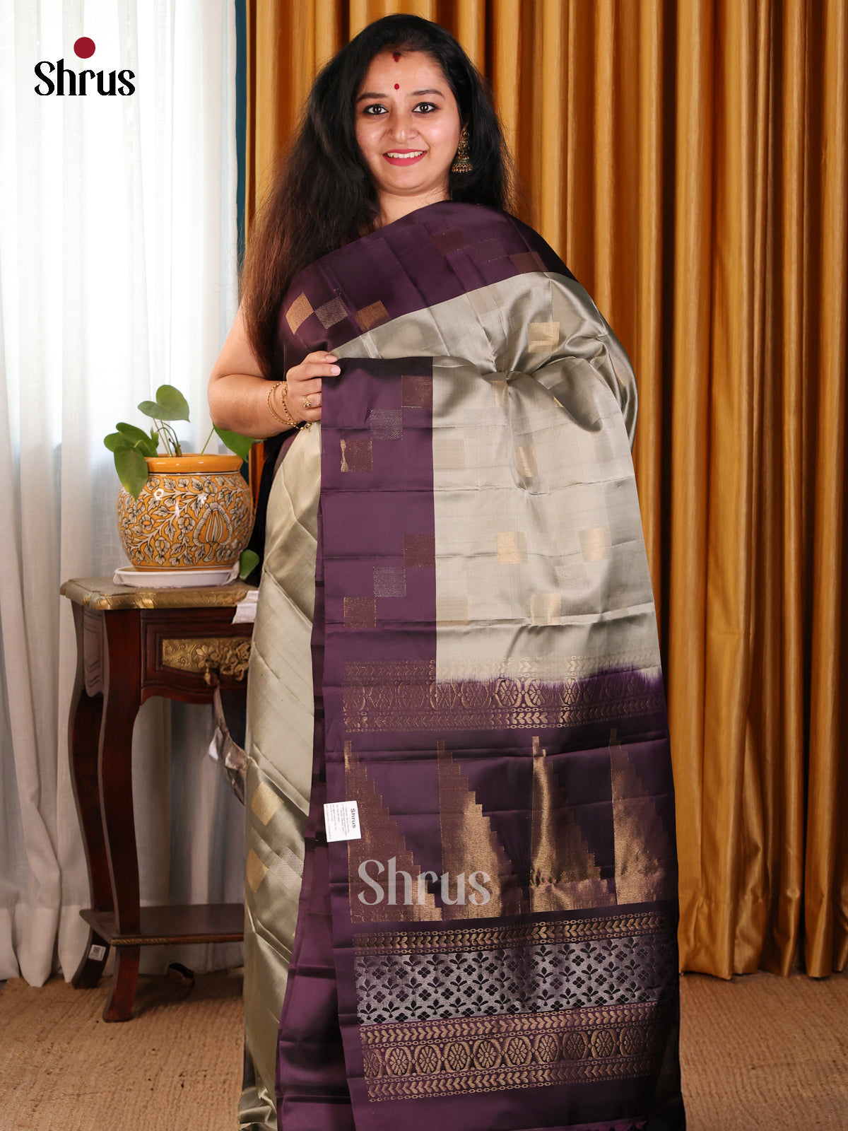 Charming Grey Softsilk-halfpure Saree with zari block buttas & temple pallu - Shop on Shrus.com
