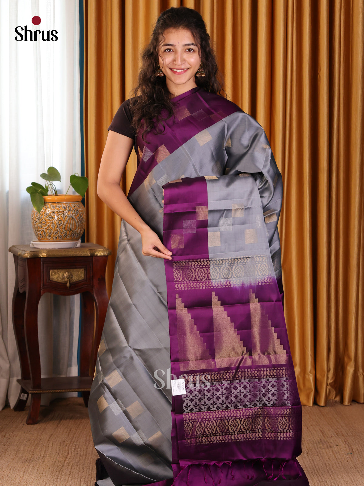 Silvery Grey Softsilk-halfpure Saree with zari woven block motifs & temple pallu - Shop on Shrus.com
