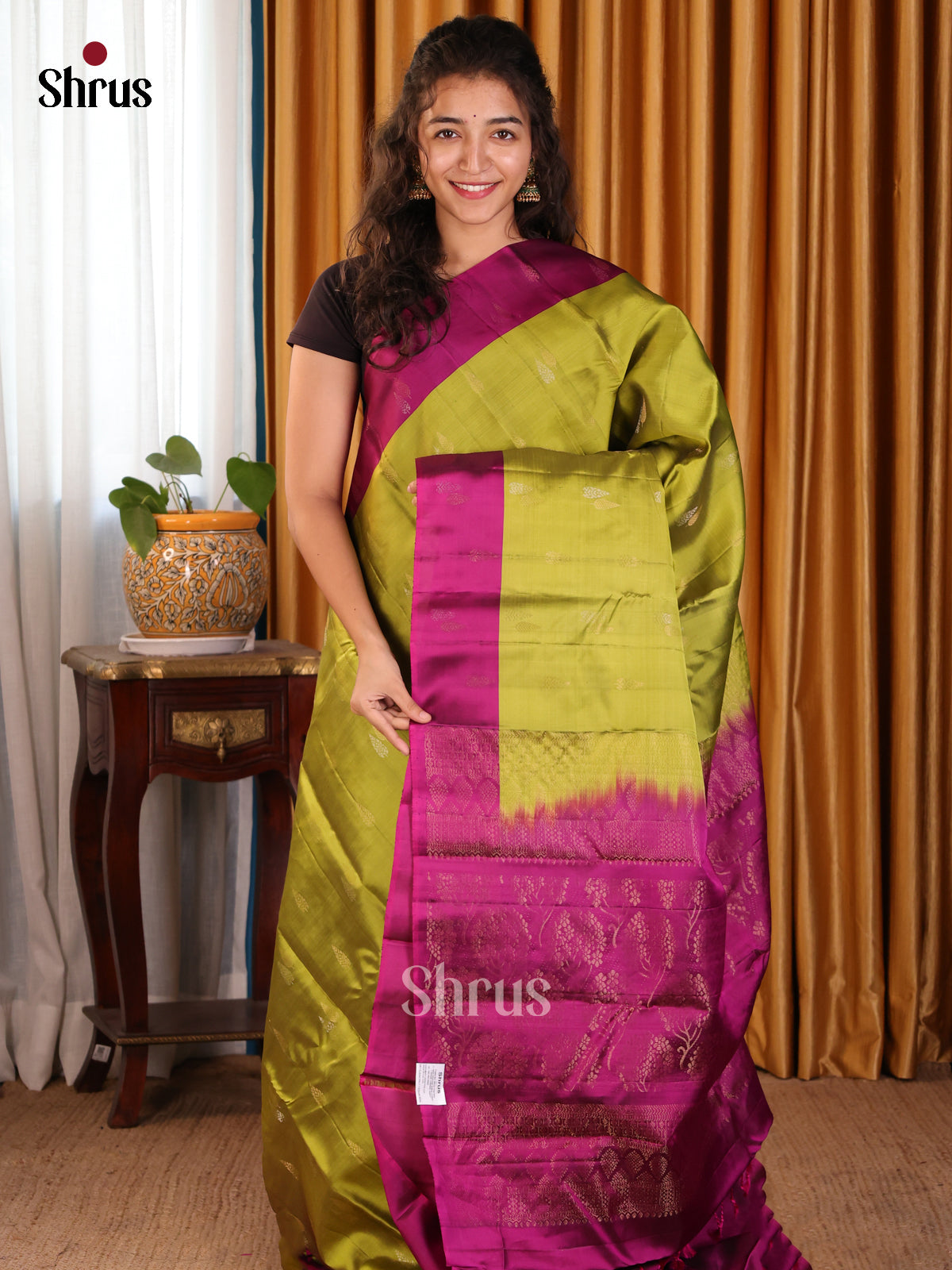 Serene Lite Green Softsilk-halfpure Saree with gold zari motifs & purple brocade pallu - Shop on Shrus.com
