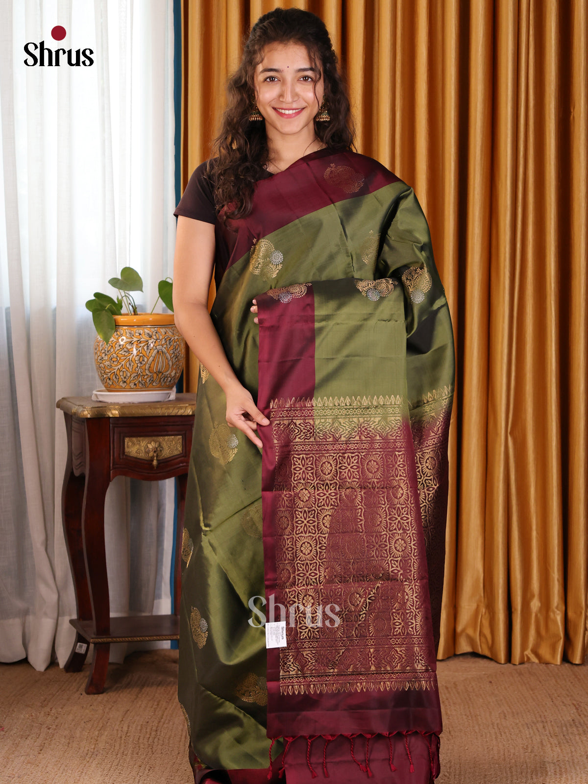 Royal Army Green Softsilk-halfpure Saree with gold, silver zari motifs & brocade pallu - Shop on Shrus.com