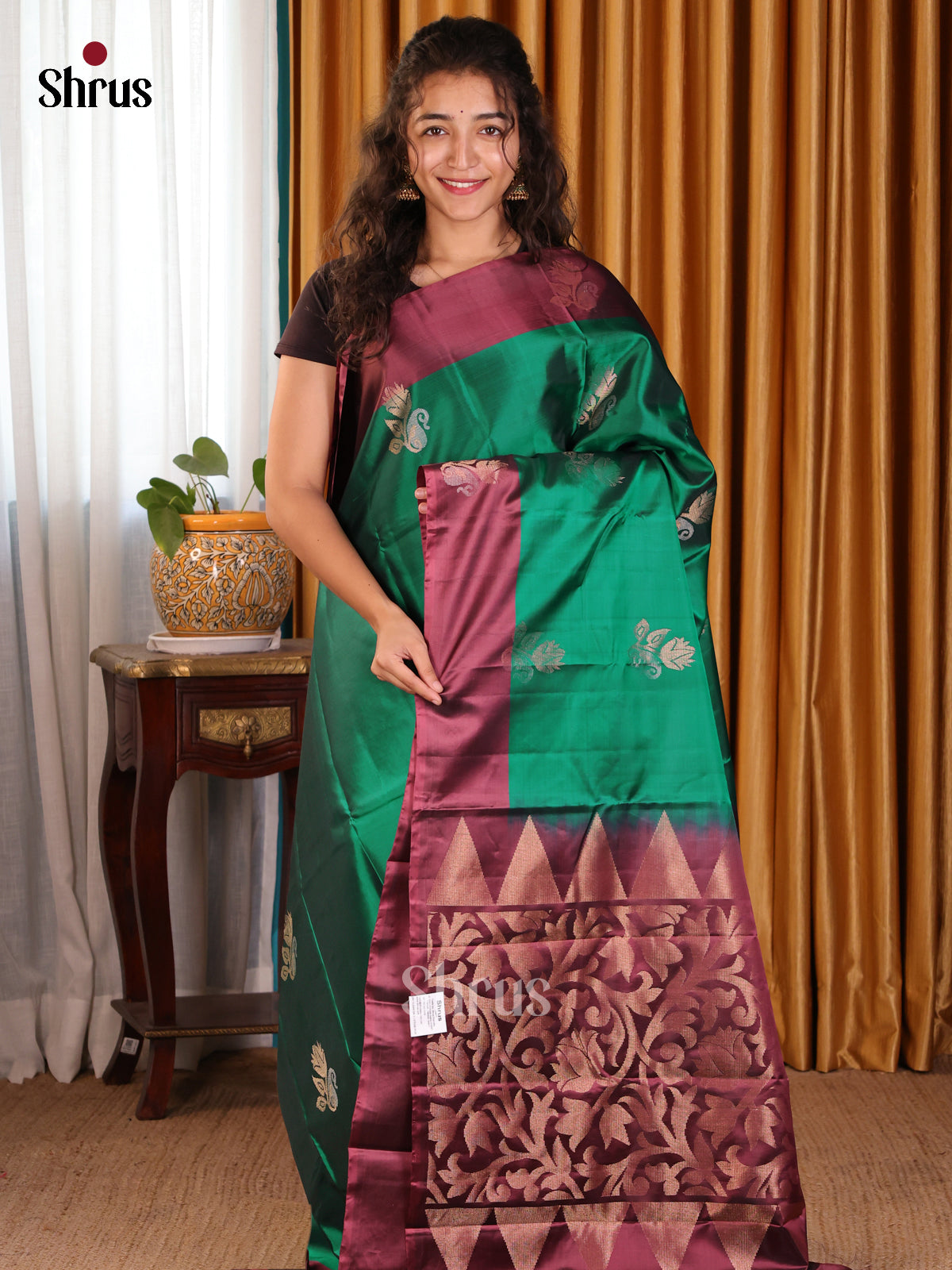 Chic Green Softsilk-halfpure Saree with gold , silver zari buttas & brown floral brocade pallu - Shop on Shrus.com