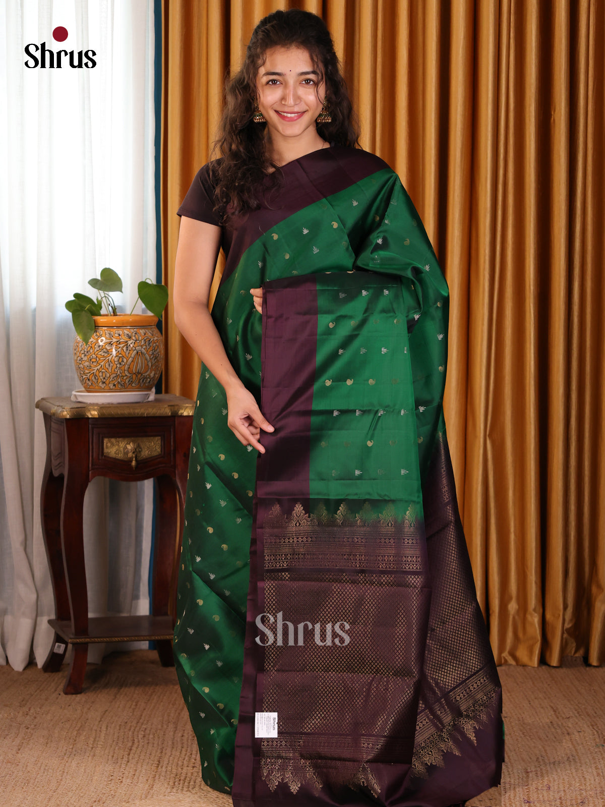 Earthy Green Softsilk-halfpure Saree with gold , silver zari buttas & Brown brocade pallu - Shop on Shrus.com