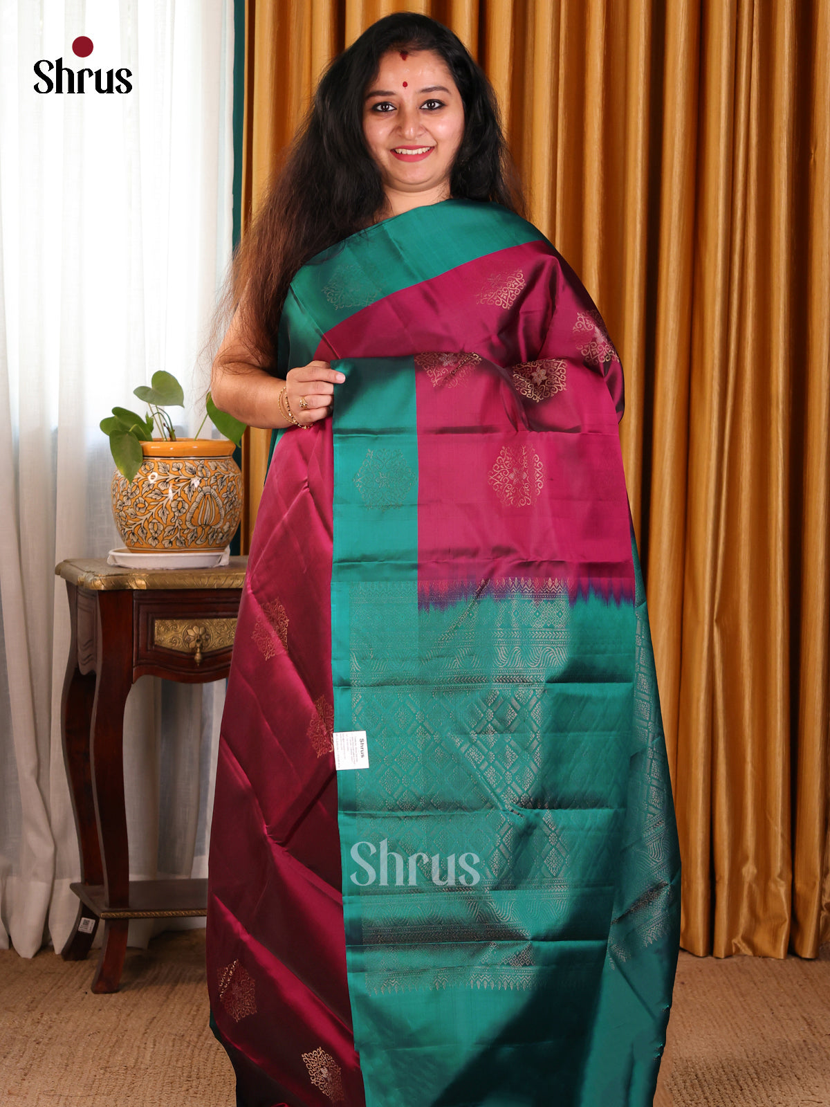 Exquisite Maroon Softsilk-halfpure Saree with gold floral motifs & plain equal border - Shop on Shrus.com