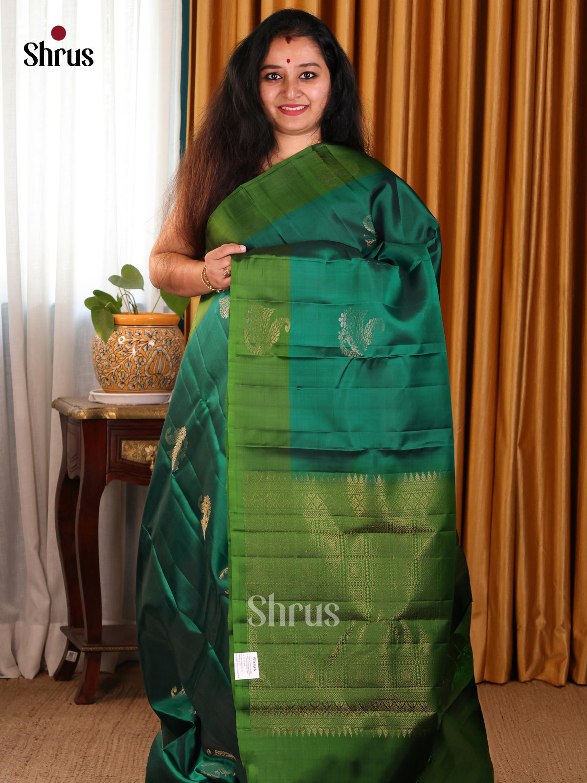 Classic Green Softsilk-halfpure Saree zari floral motifs & Lite Green brocade pallu - Shop on Shrus.com