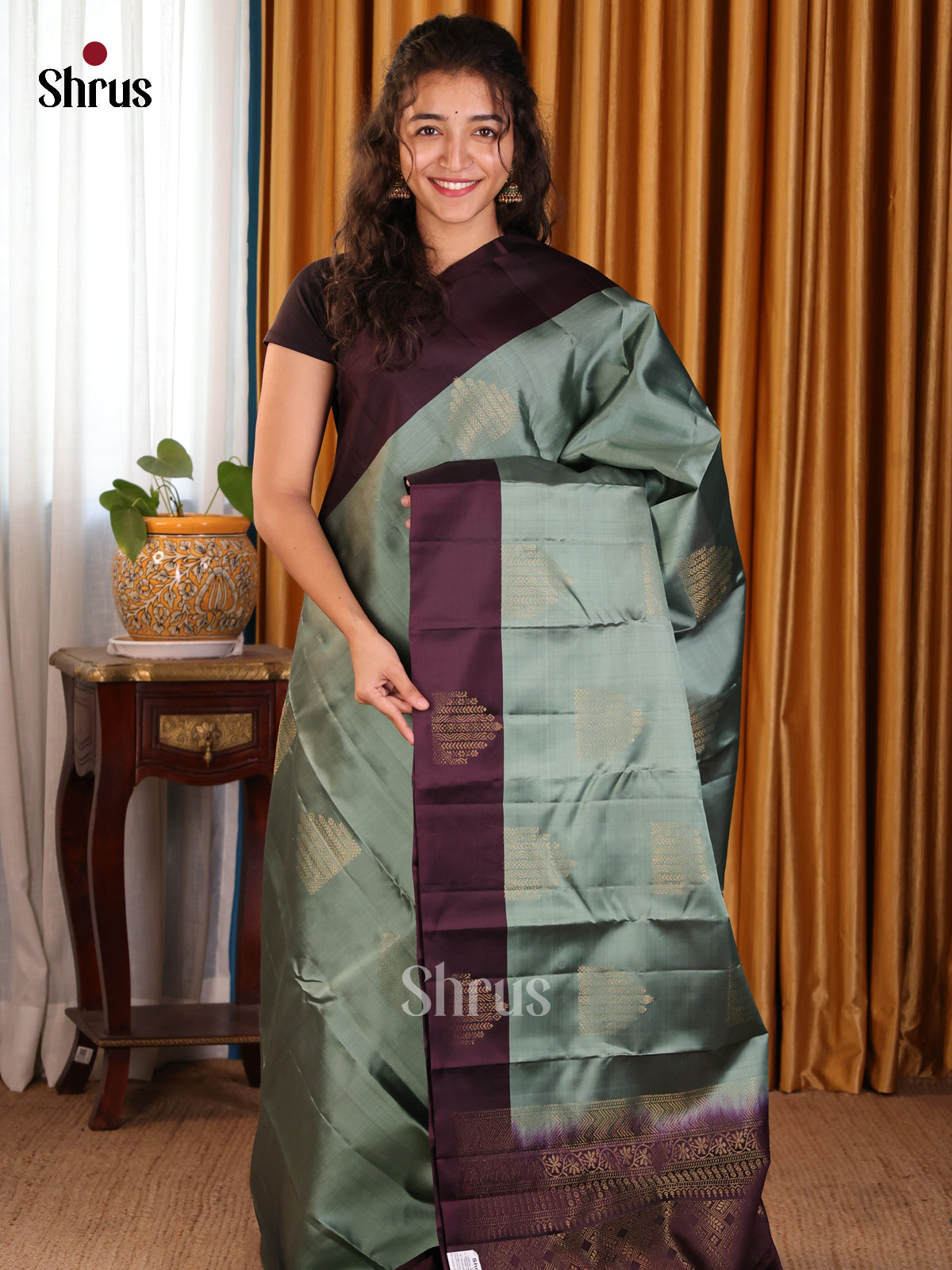 Smokey Green Softsilk-halfpure Saree with golden motifs & zari brocade pallu - Shop on Shrus.com